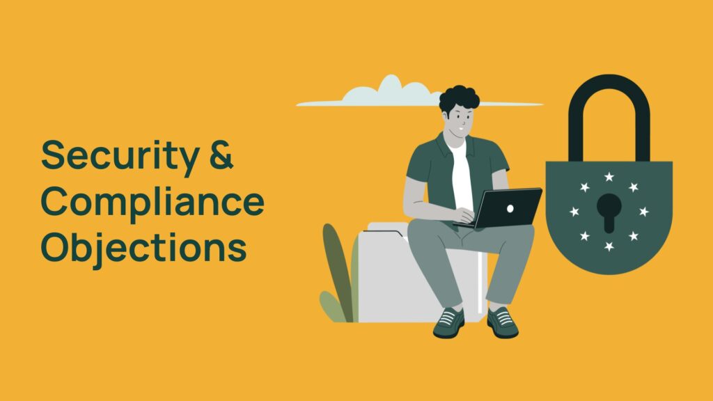 illustration of worker on laptop and padlock with words security and compliance objections