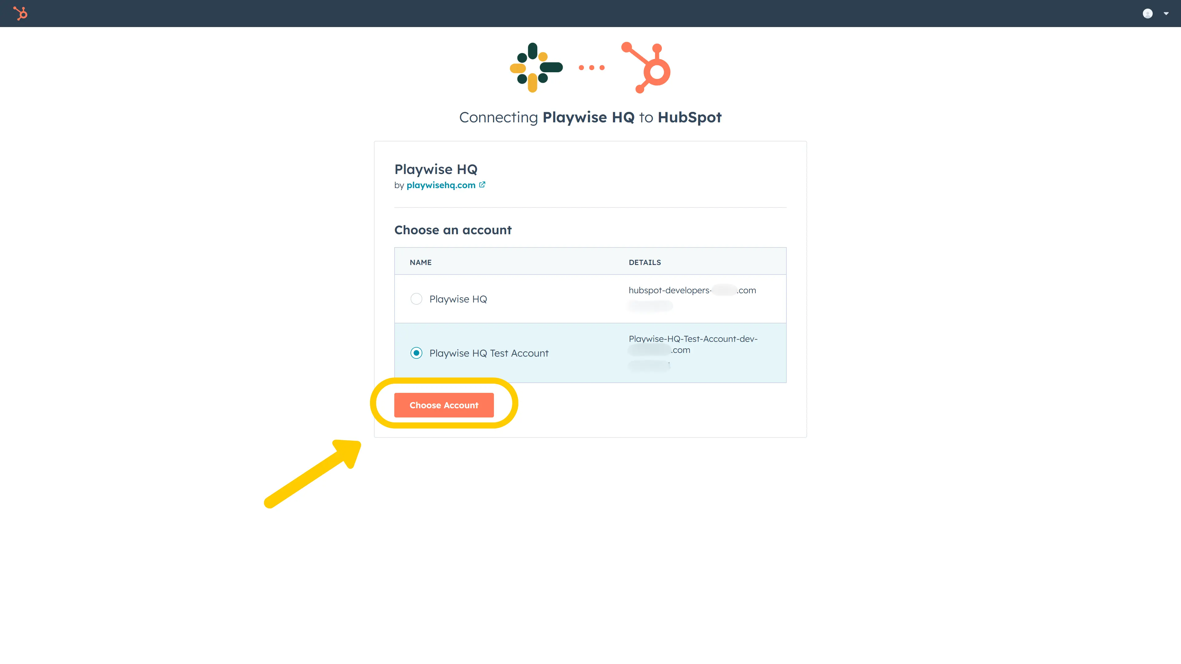 Playwise HQ to Hubspot CRM Integration - Choose The HubSpot Account to Connect To