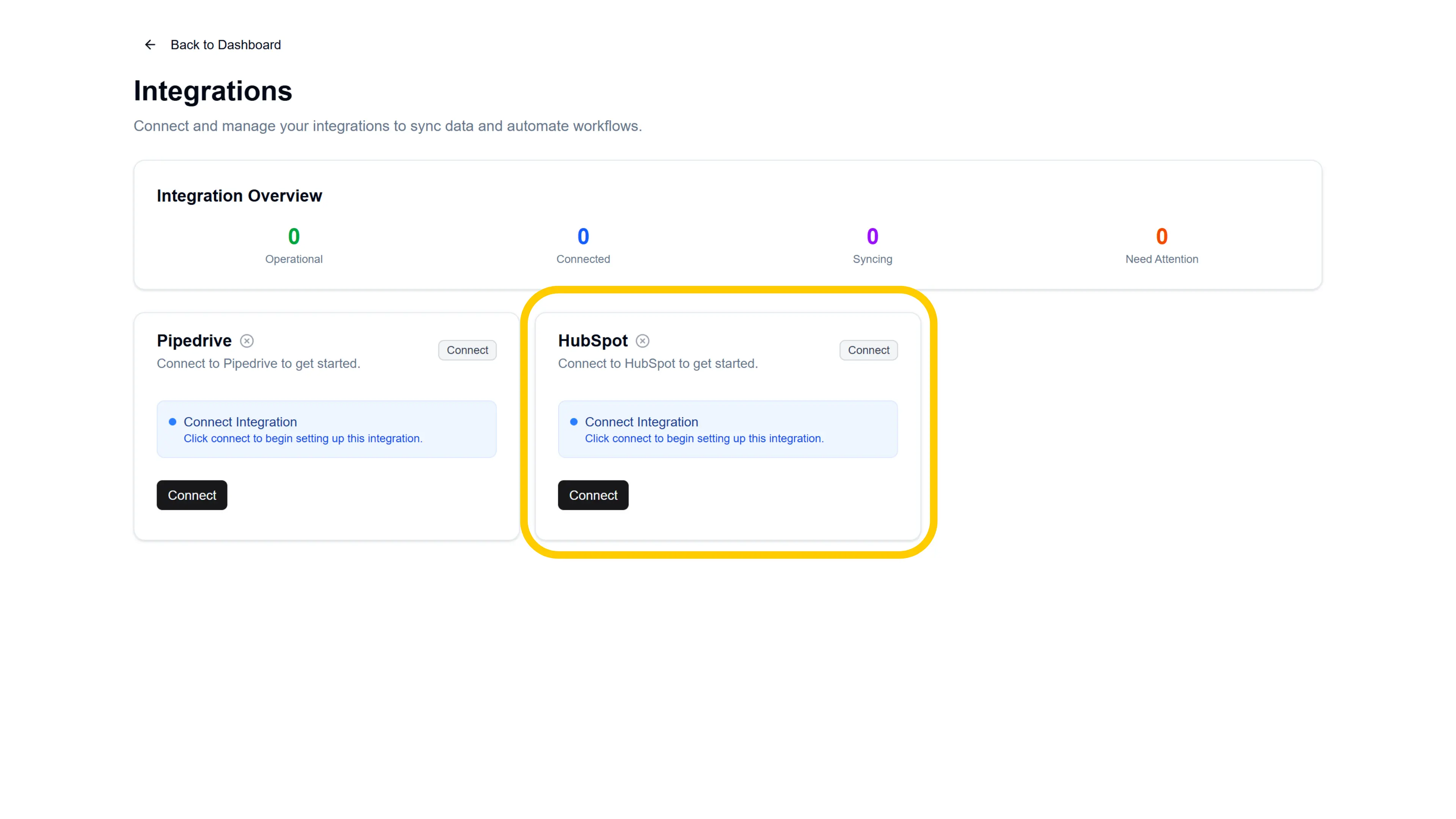 Playwise HQ to Hubspot CRM Integration - Click Connect on Integration Page