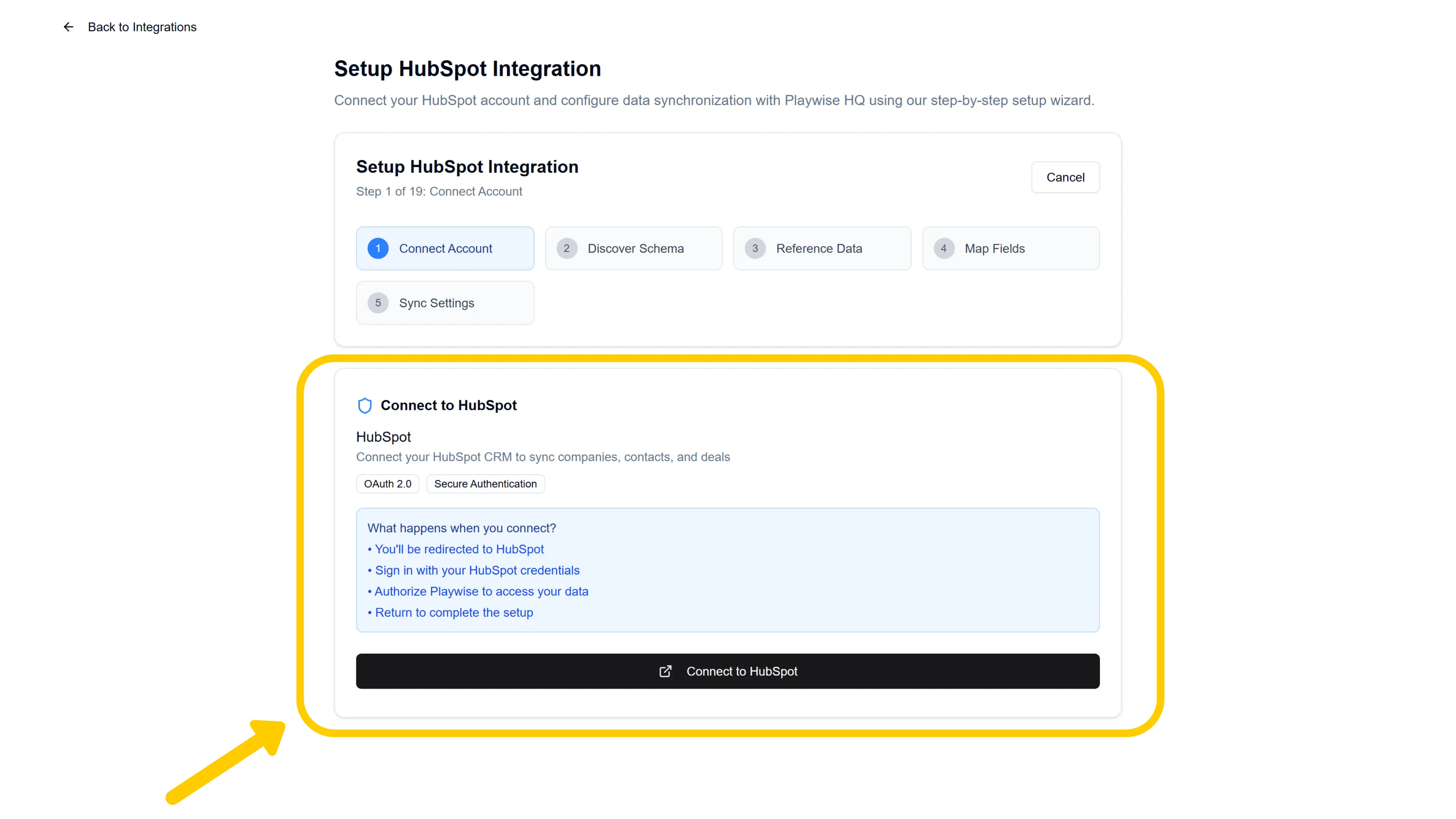 Playwise HQ to Hubspot CRM Integration - Click Connect to HubSpot