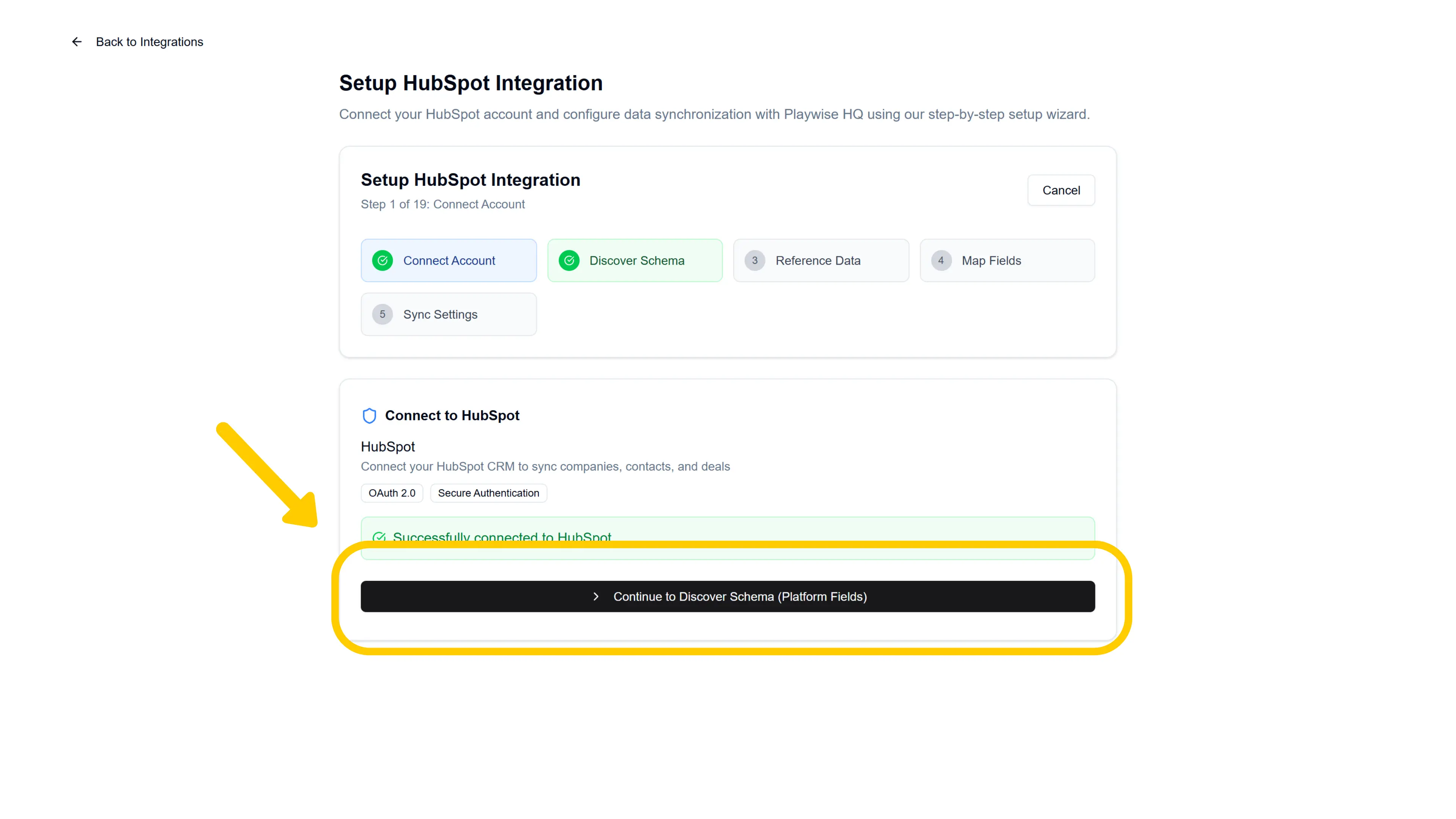 Playwise HQ to Hubspot CRM Integration - Continue To Discover Schema