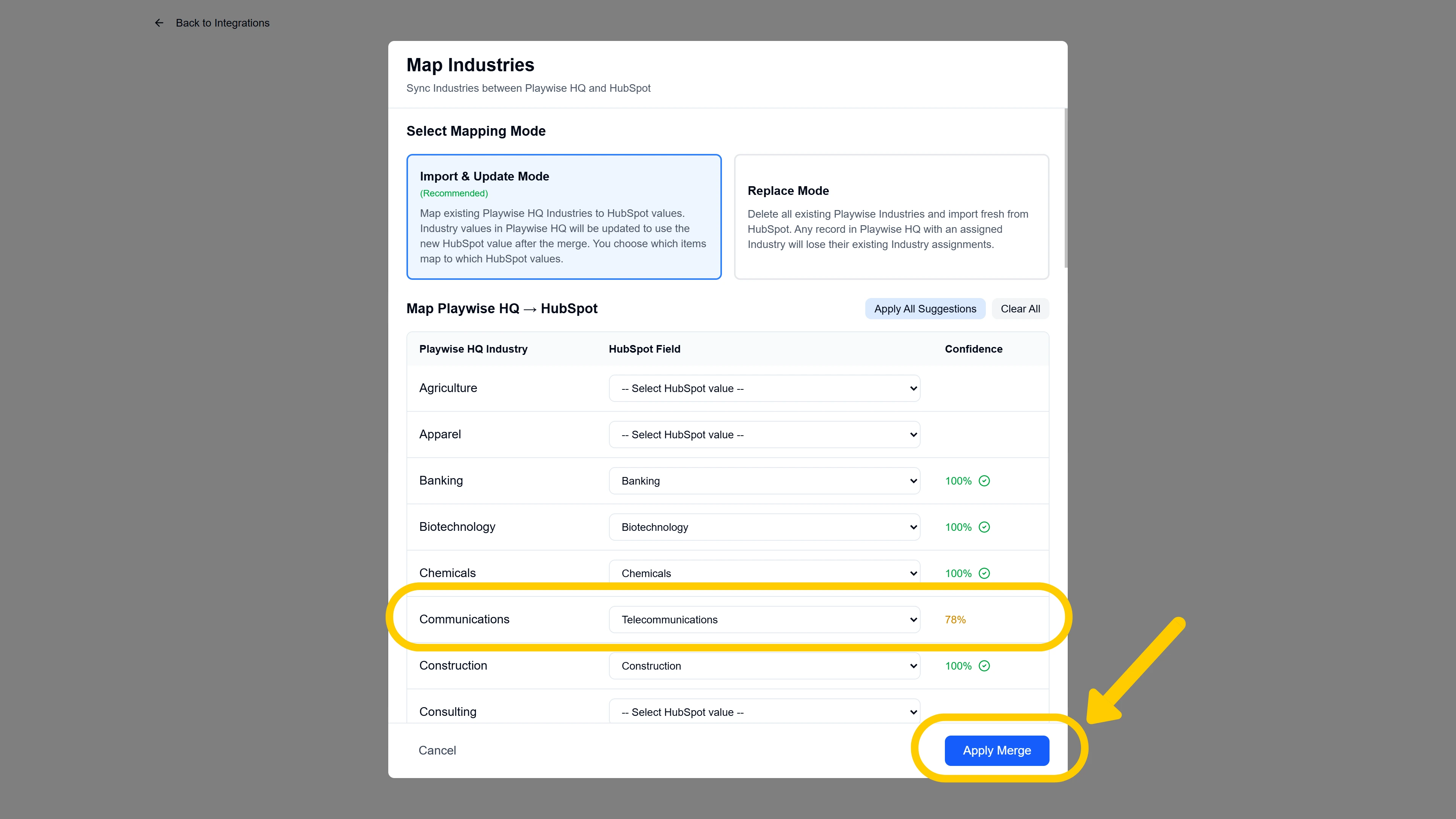 Playwise HQ to Hubspot CRM Integration - Import and Update Industries