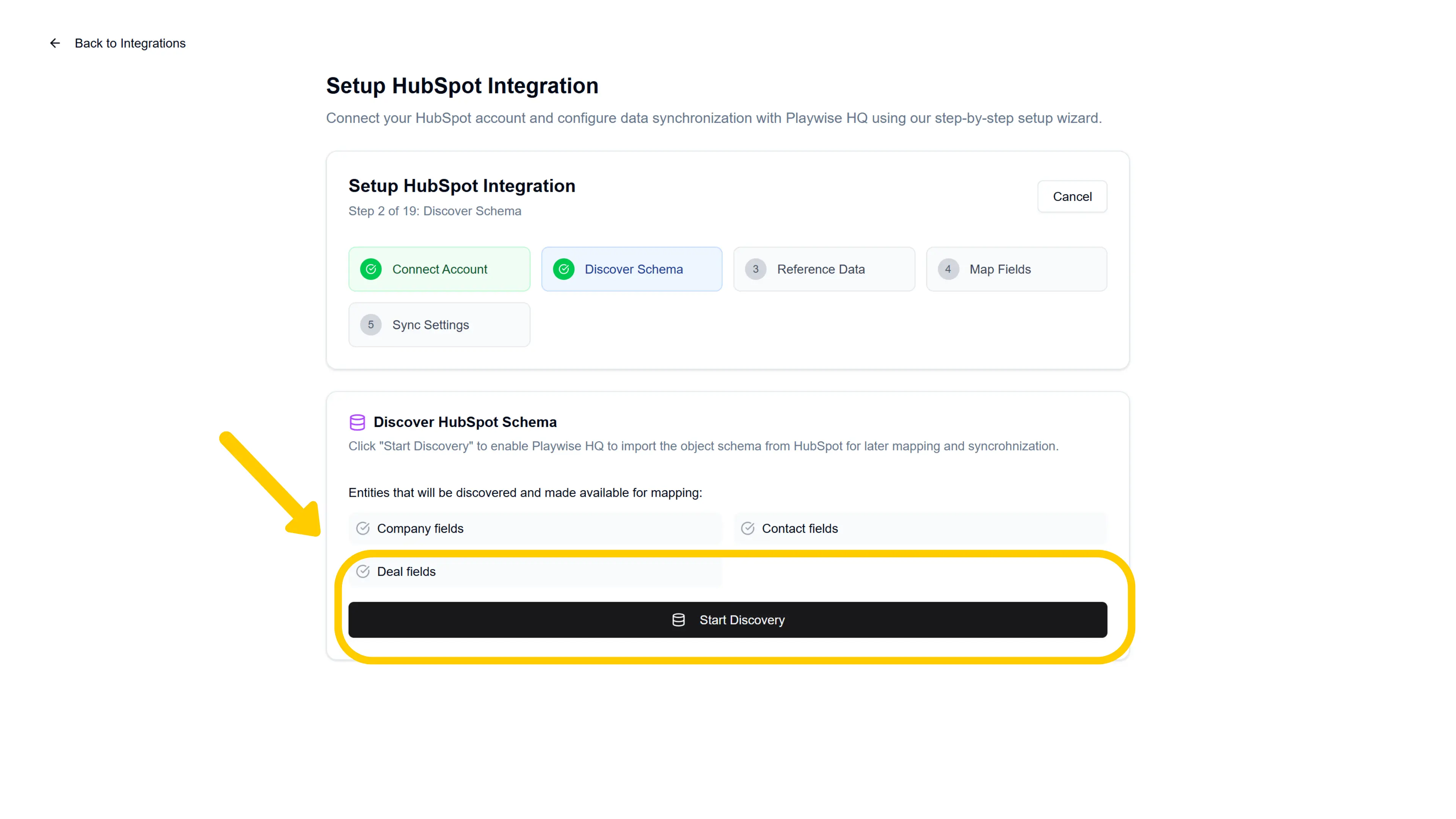 Playwise HQ to Hubspot CRM Integration - Start Data Schema Discovery