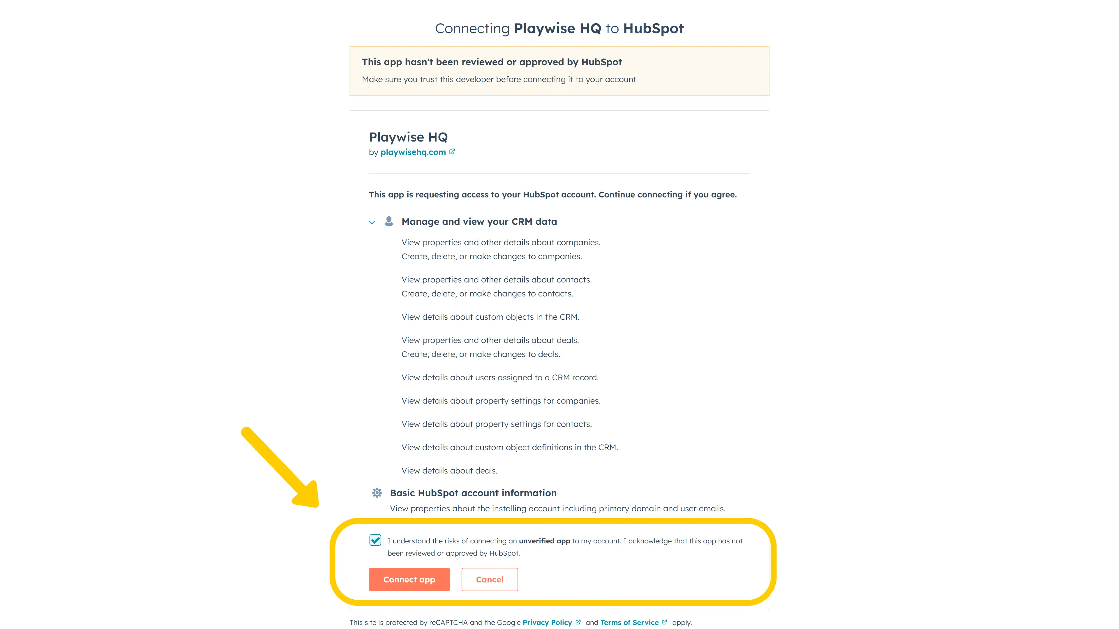 Playwise HQ to Hubspot CRM Integration - View and Agree to Data Access