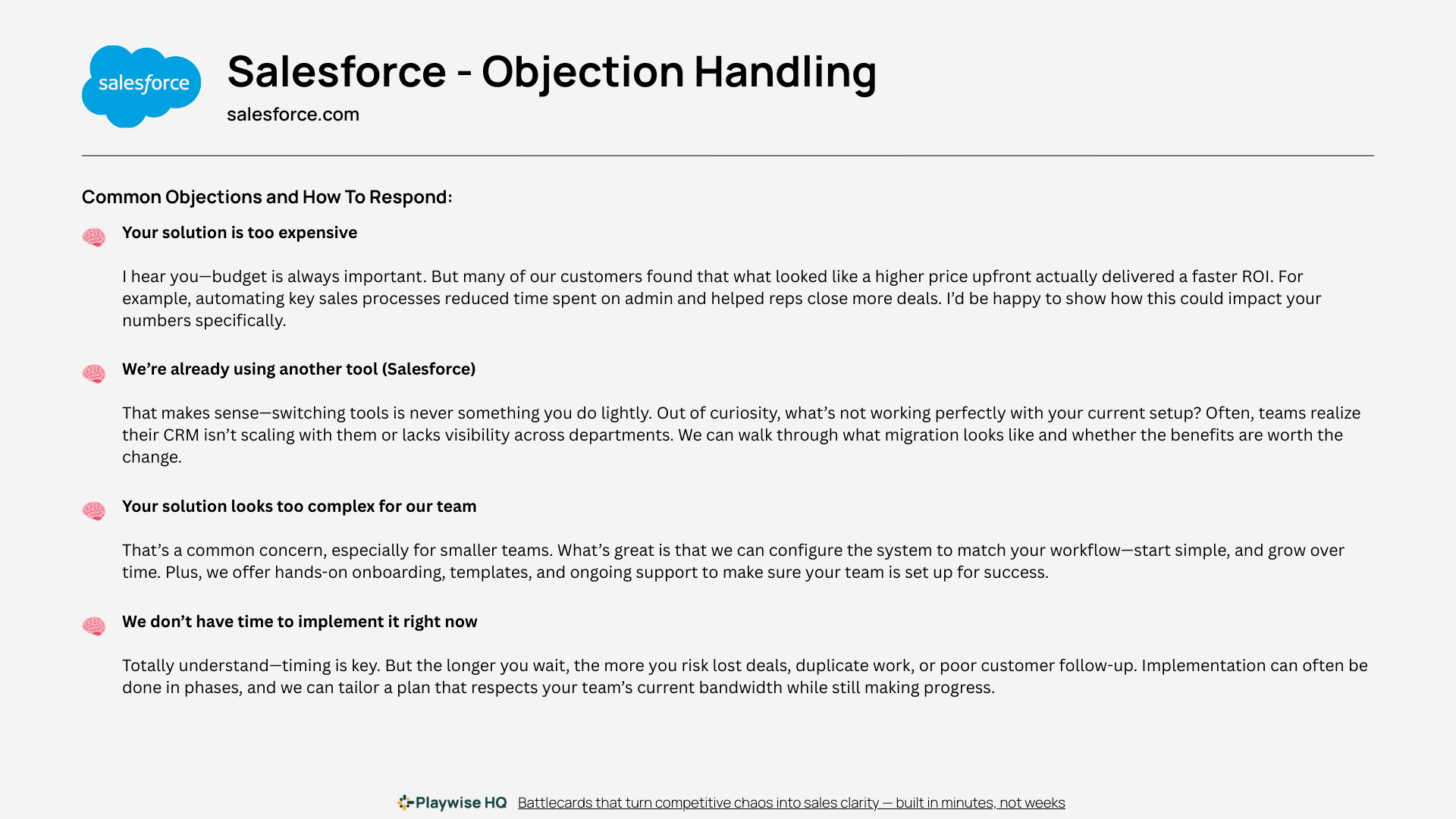 Example Screenshot of Objection Handling Tab on a Canva created Battlecard