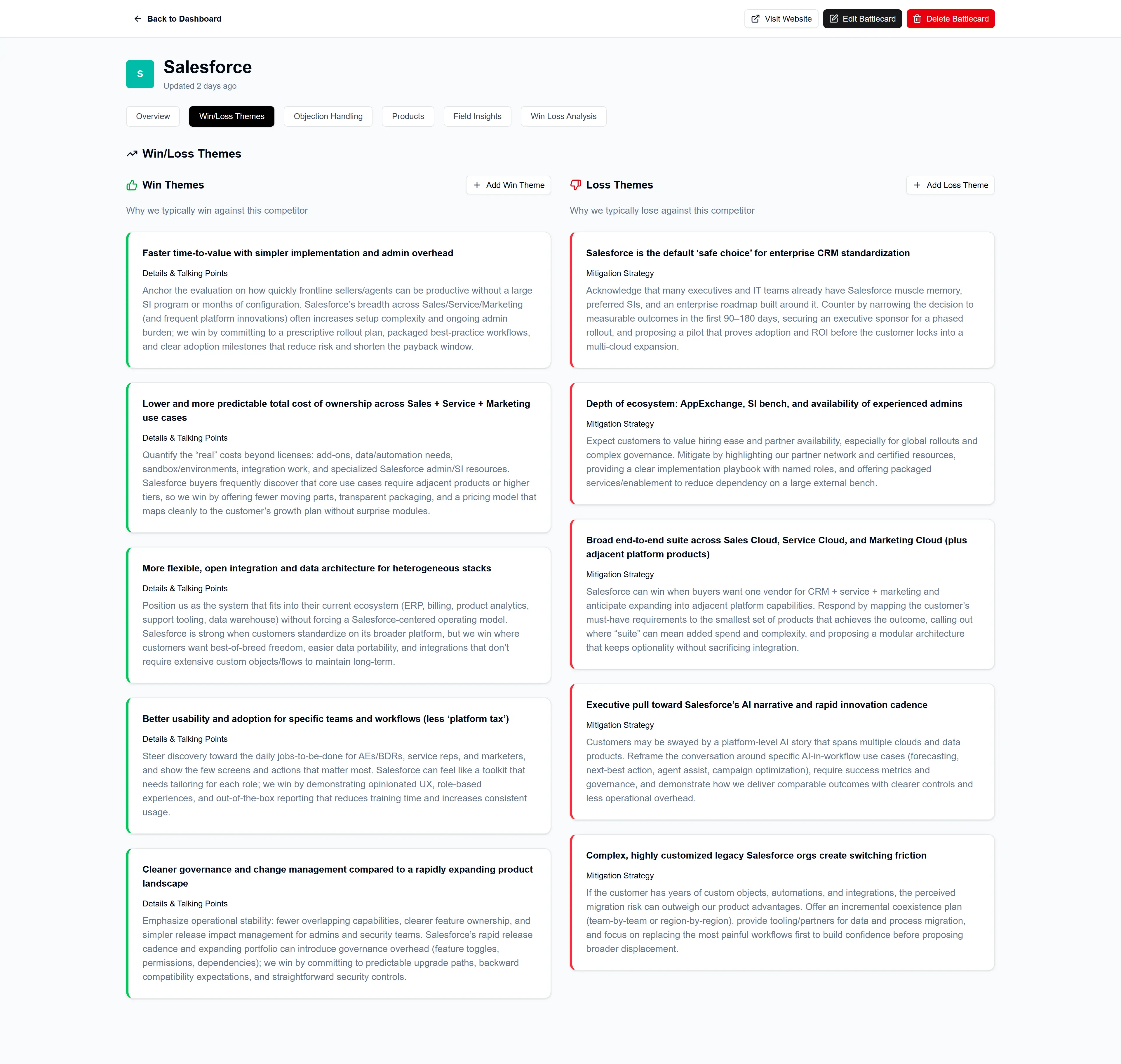 Playwise HQ - Example of Win Loss Themes on Battlecard