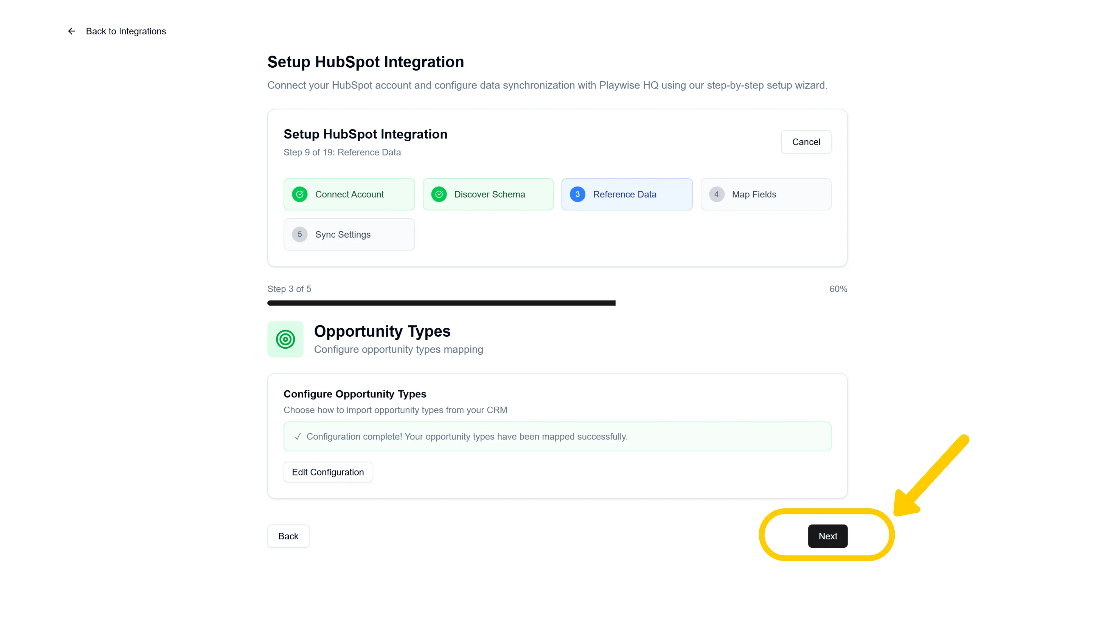 Screenshot showing to Click next after mapping custom opportunity types between Hubspot and Playwise HQ