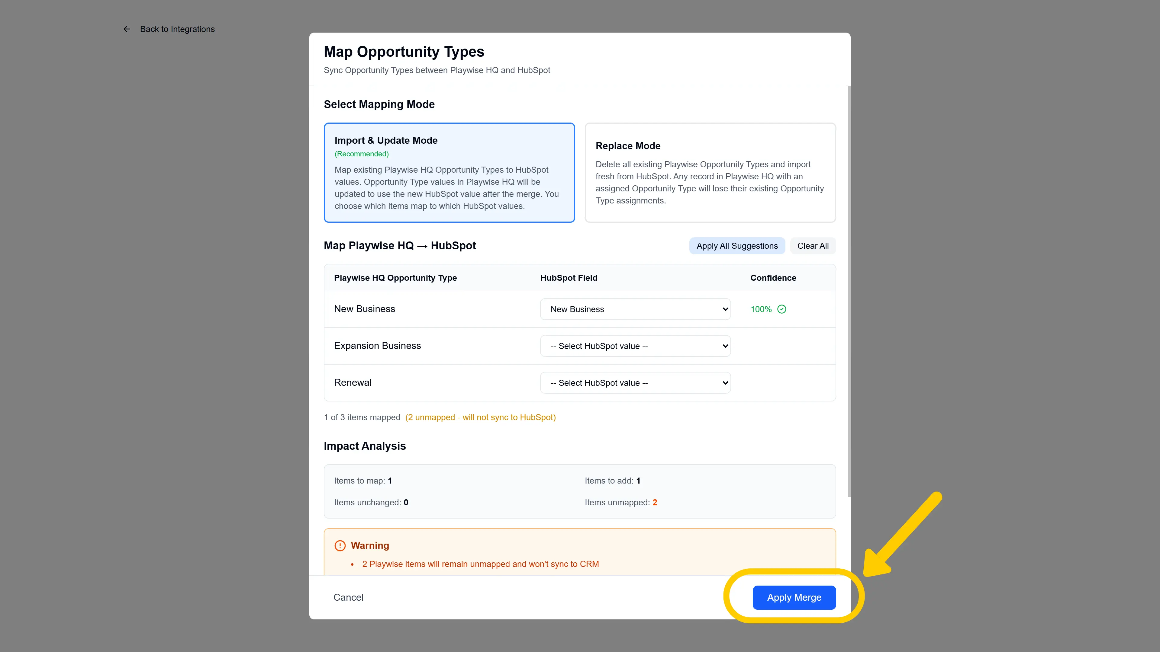 Screenshot showing mapping of custom opportunity types as part of Hubspot to Playwise HQ integration