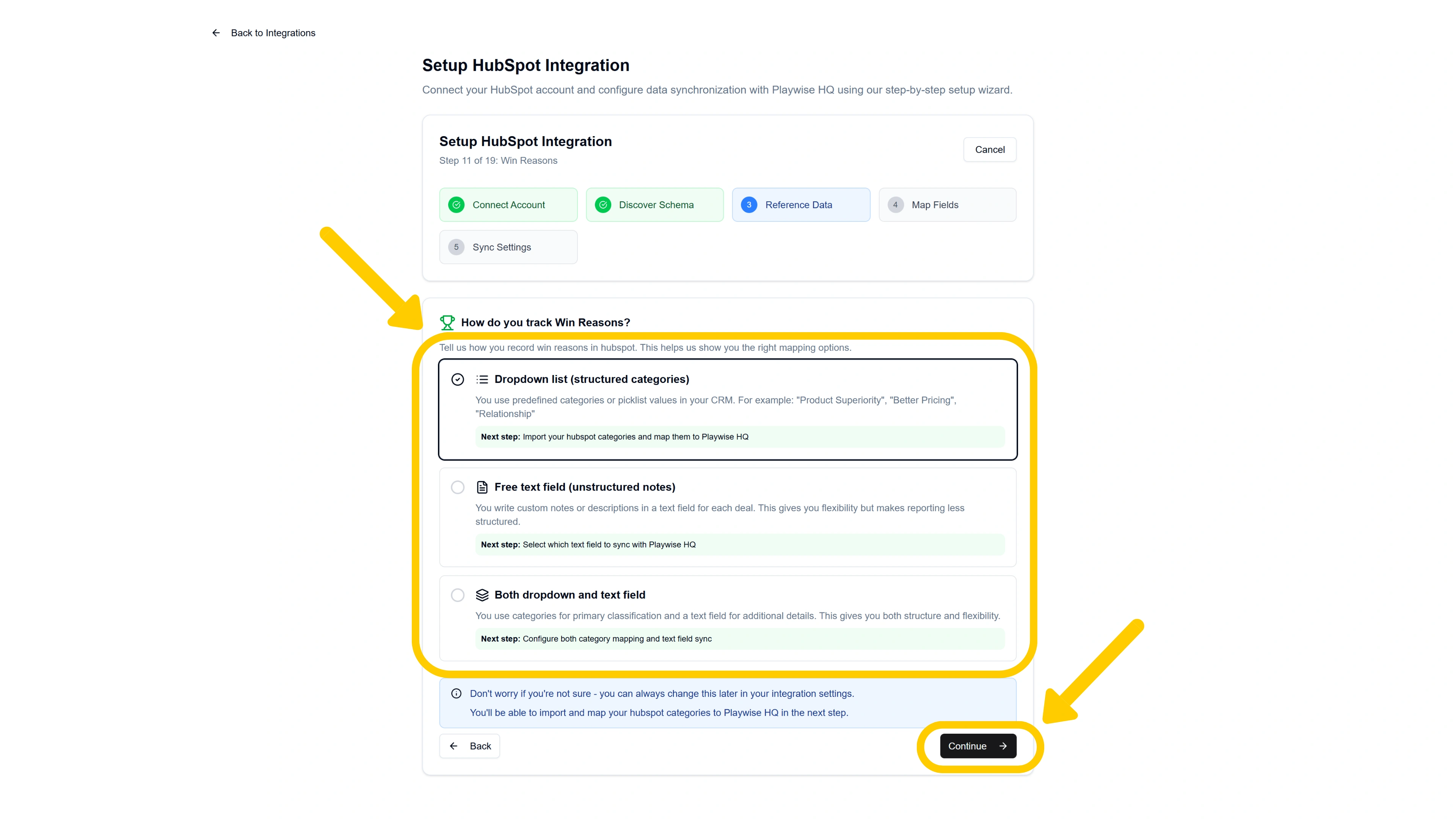 Screenshot showing the different ways you can track win reasons between Playwise HQ and Hubspot