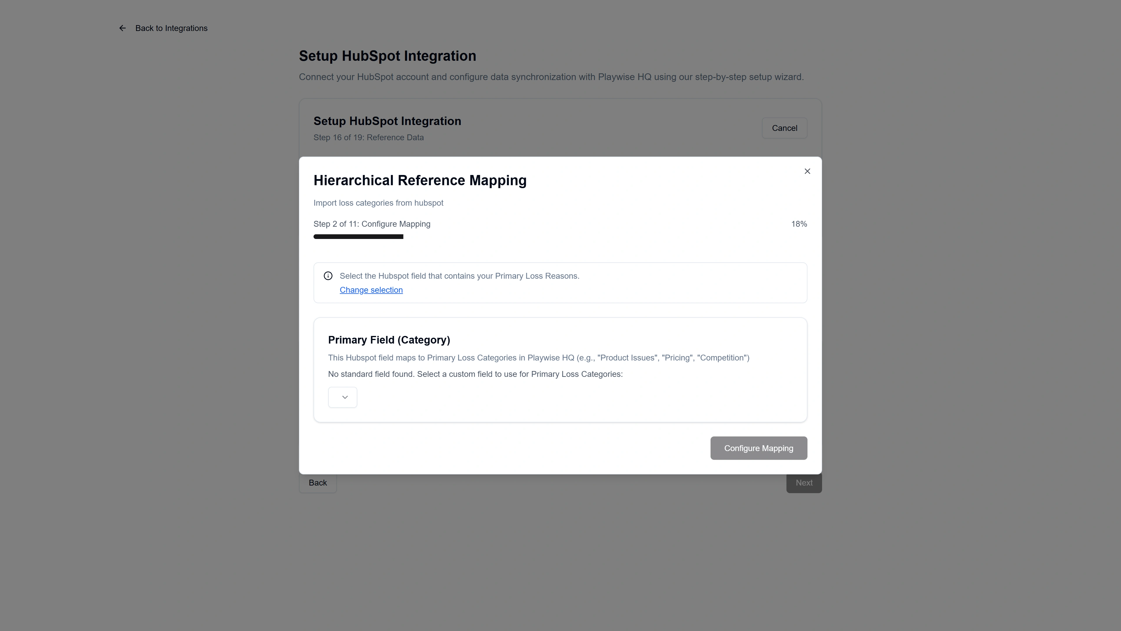 Playwise HQ screenshot to map primary loss category only to Hubspot