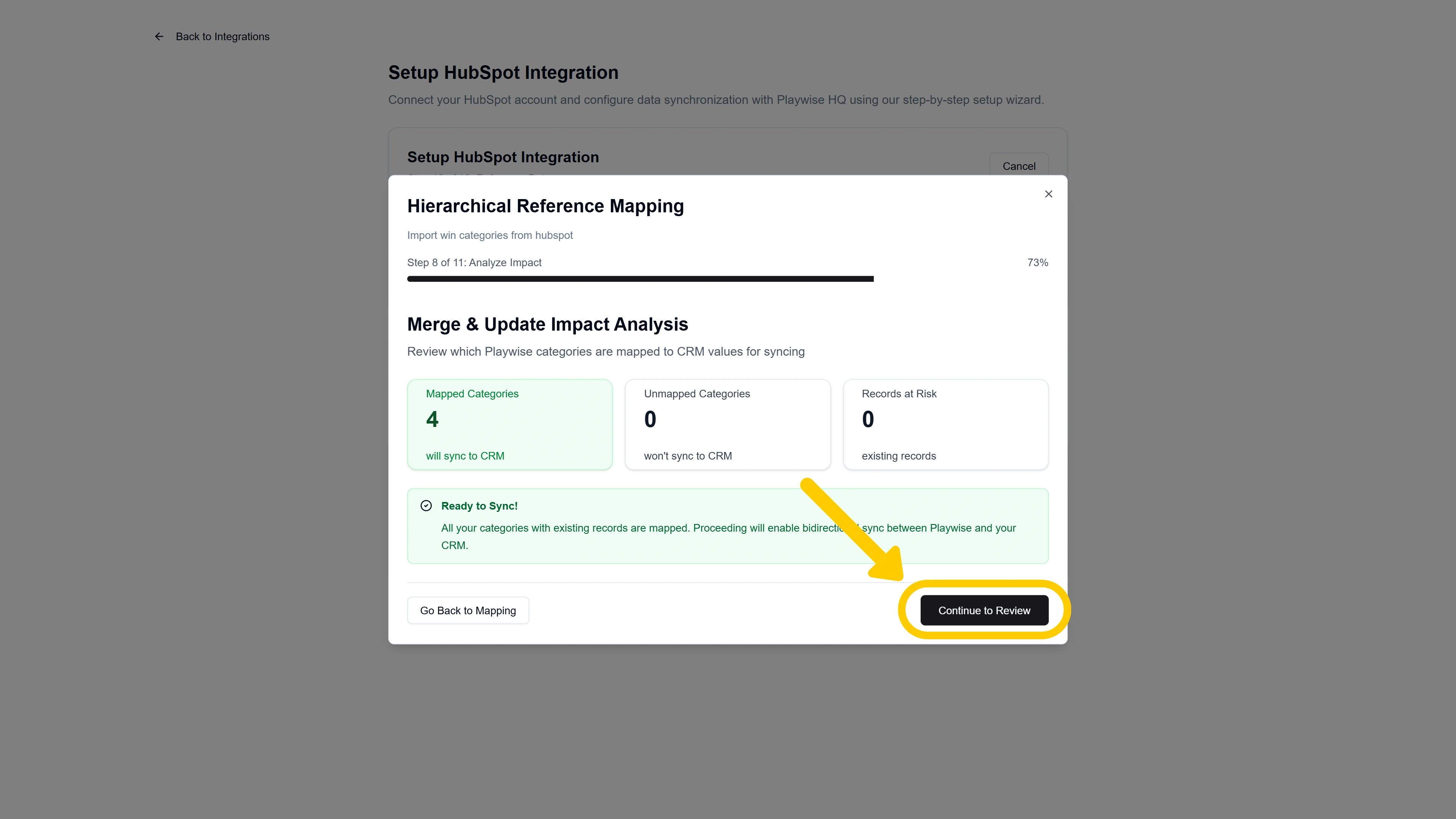 Screenshot showing initial review of mapping primary and secondary win categories in Playwise HQ