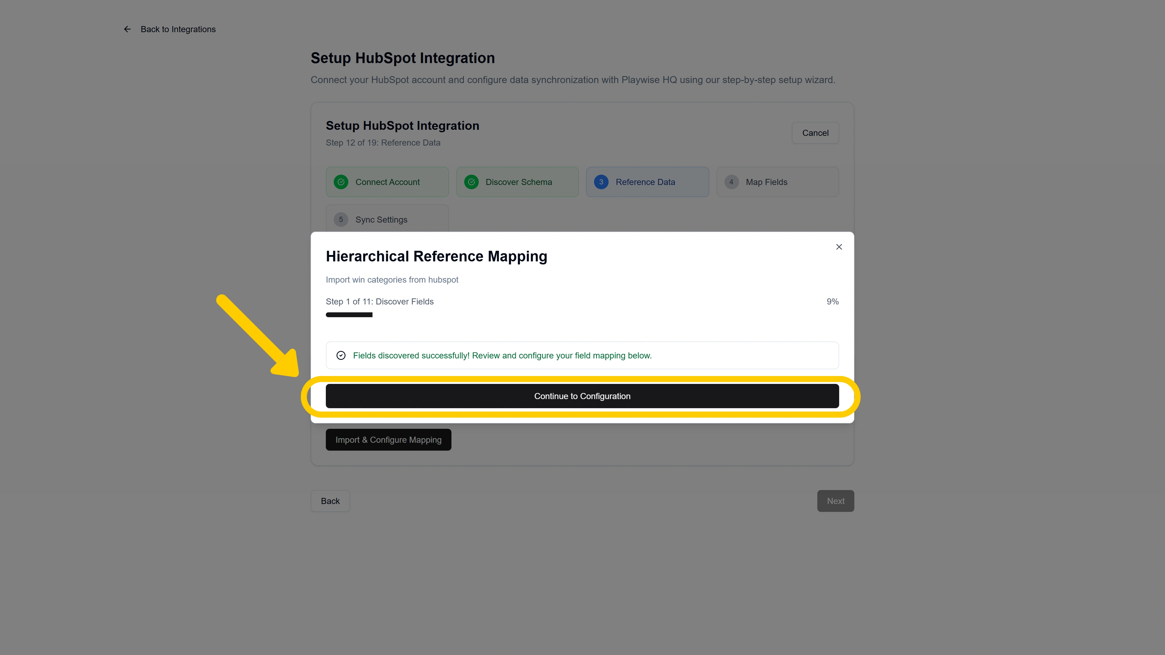 Playwise HQ Hubspot Integration Configure Button to proceed to Win Categories