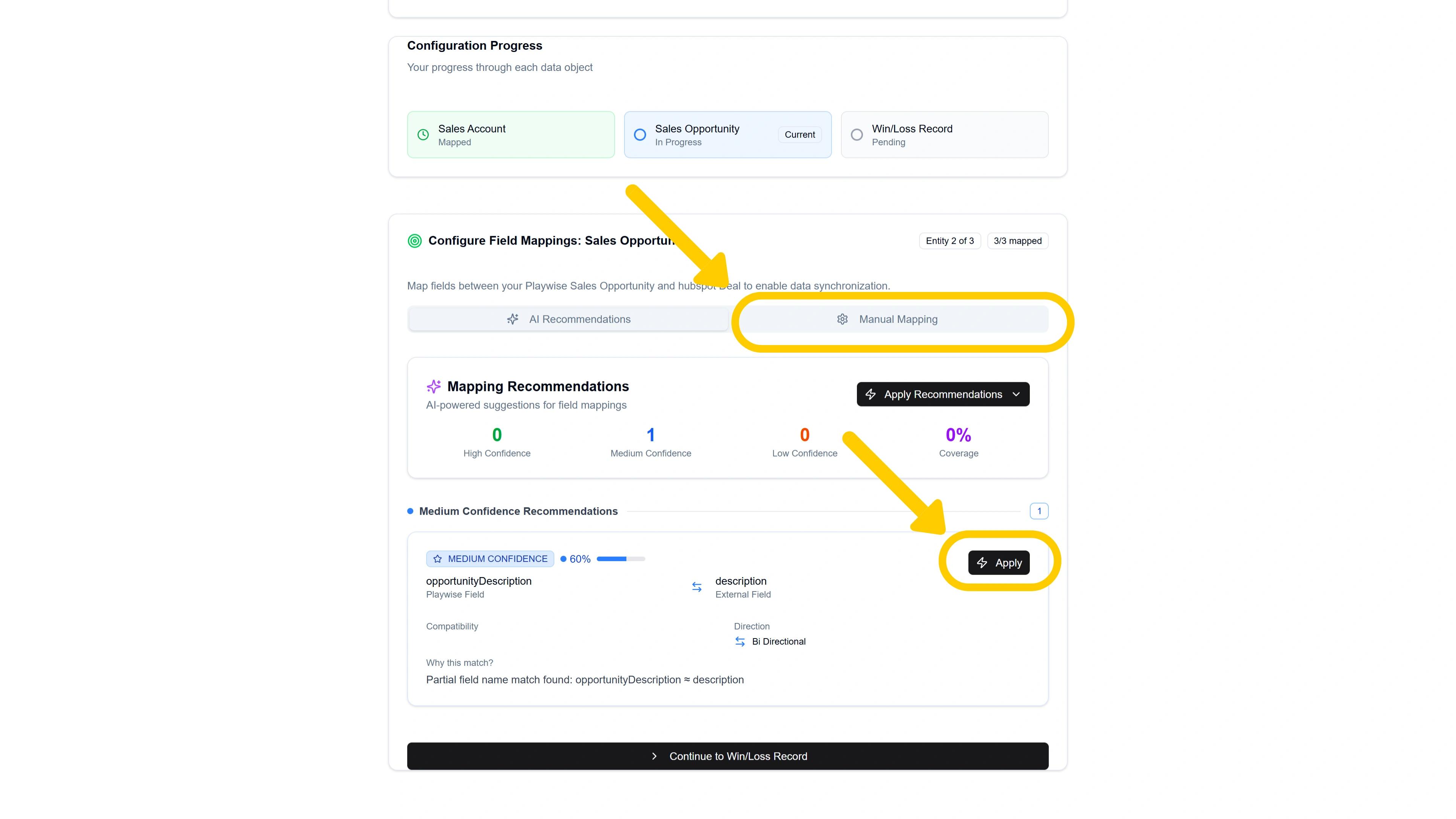 Playwise HQ screenshot manually map fields or accept AI recommendations for Hubspot Integration