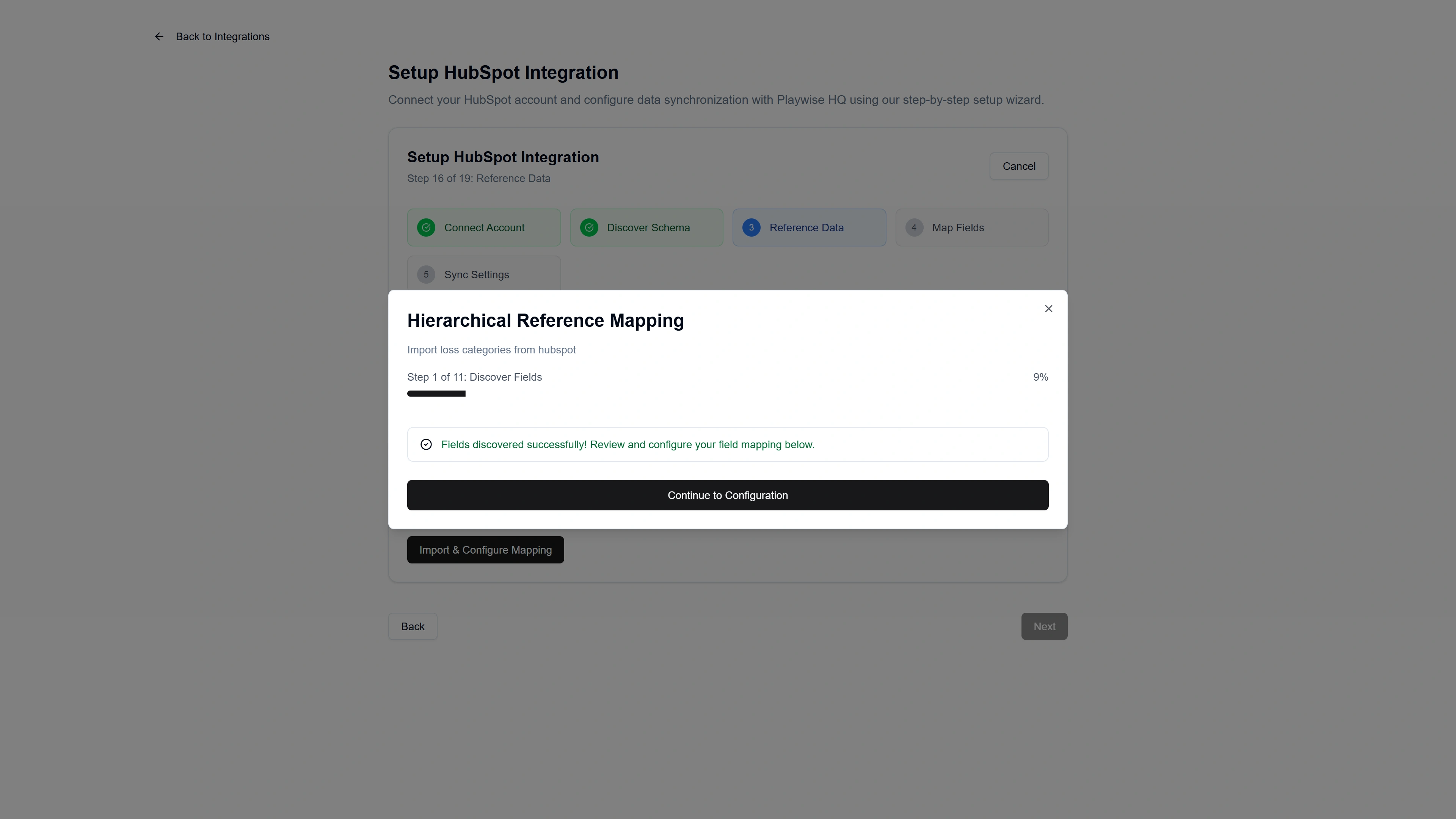 Playwise HQ screenshot continue to configure loss categories for Hubspot integration