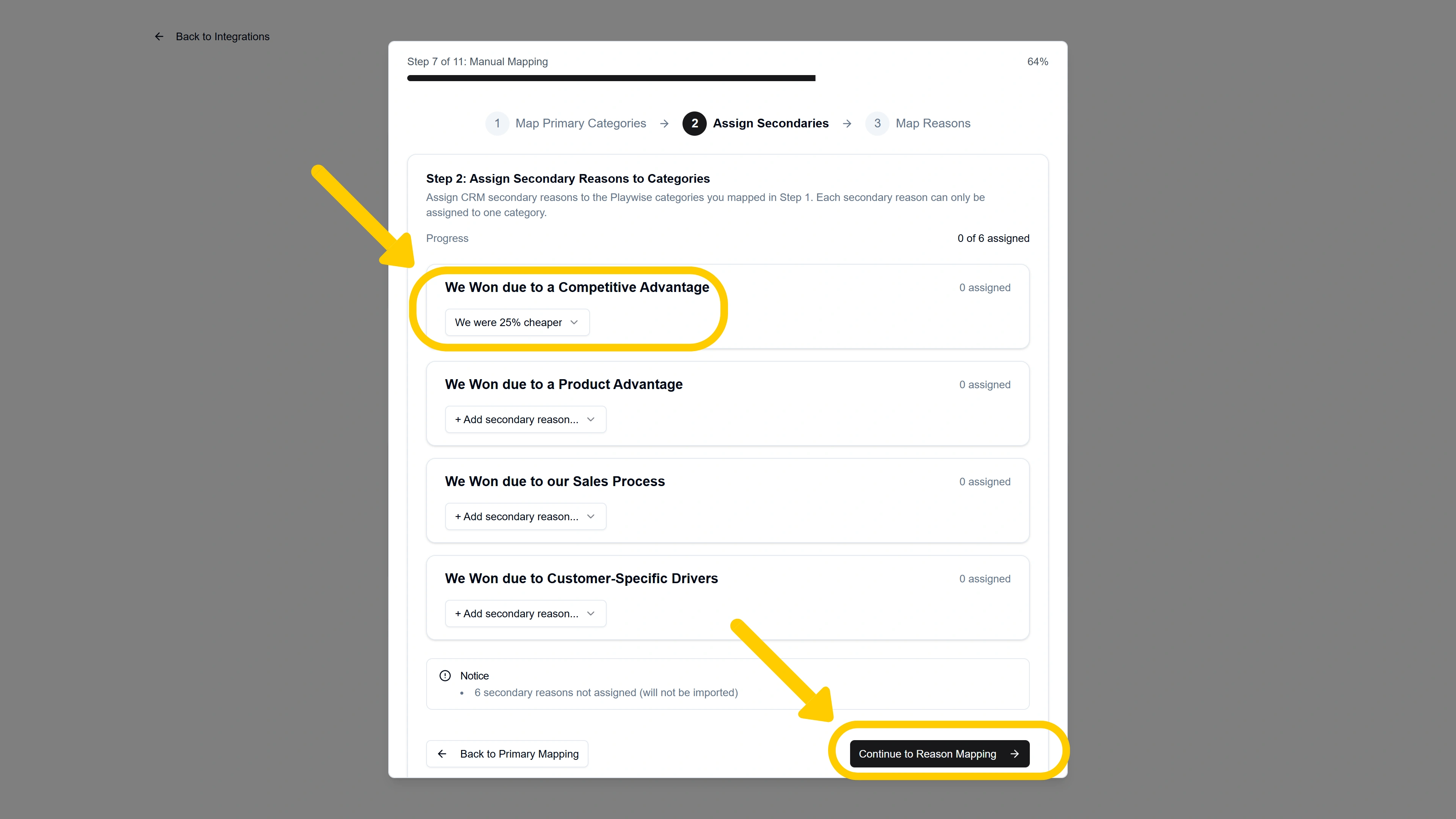 Screenshot showing assigning of secondary categories in Playwise HQ under primary category as part of Hubspot Integration