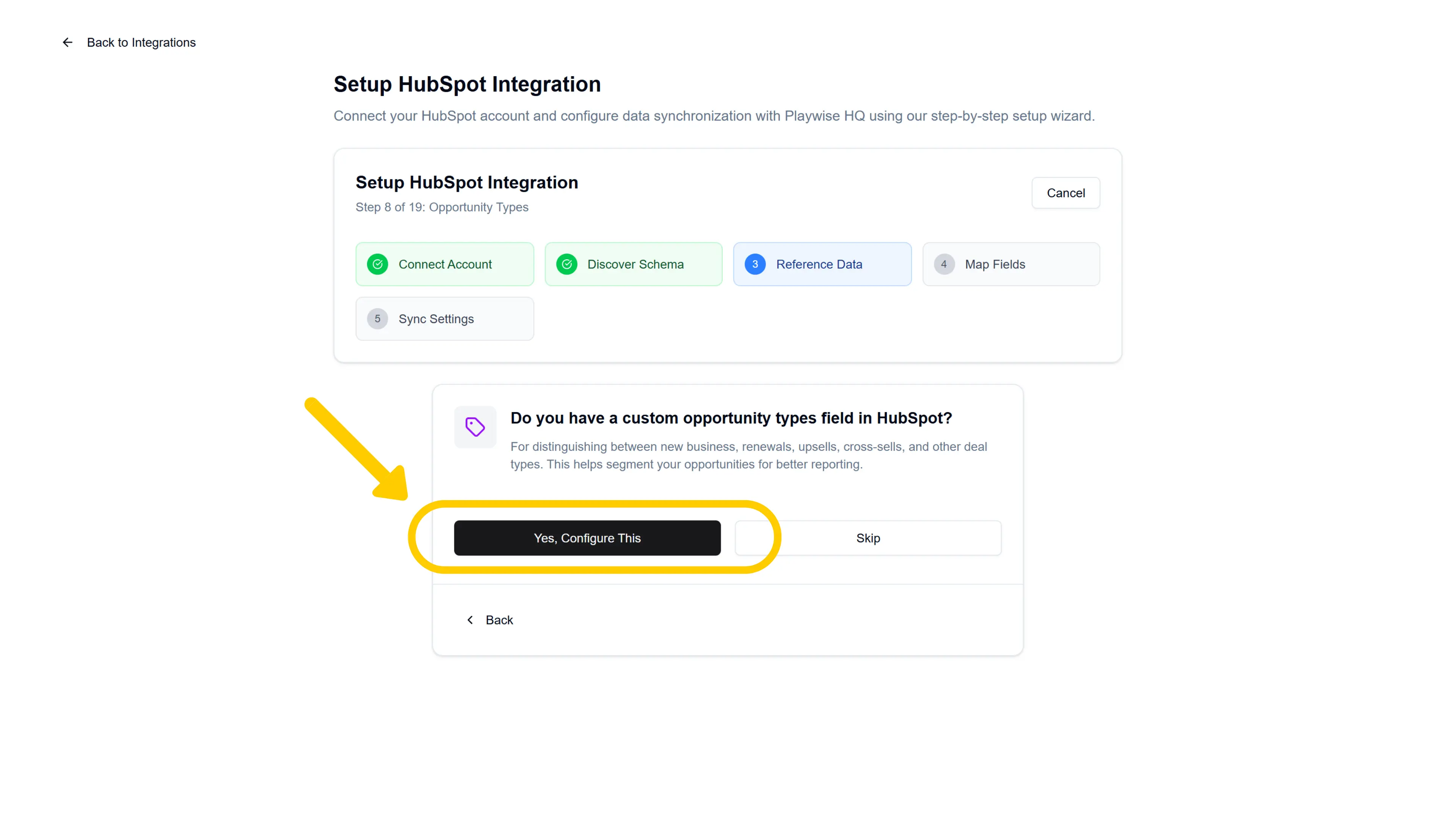 Screenshot showing ability to map custom opportunity types between Playwise HQ and Hubspot