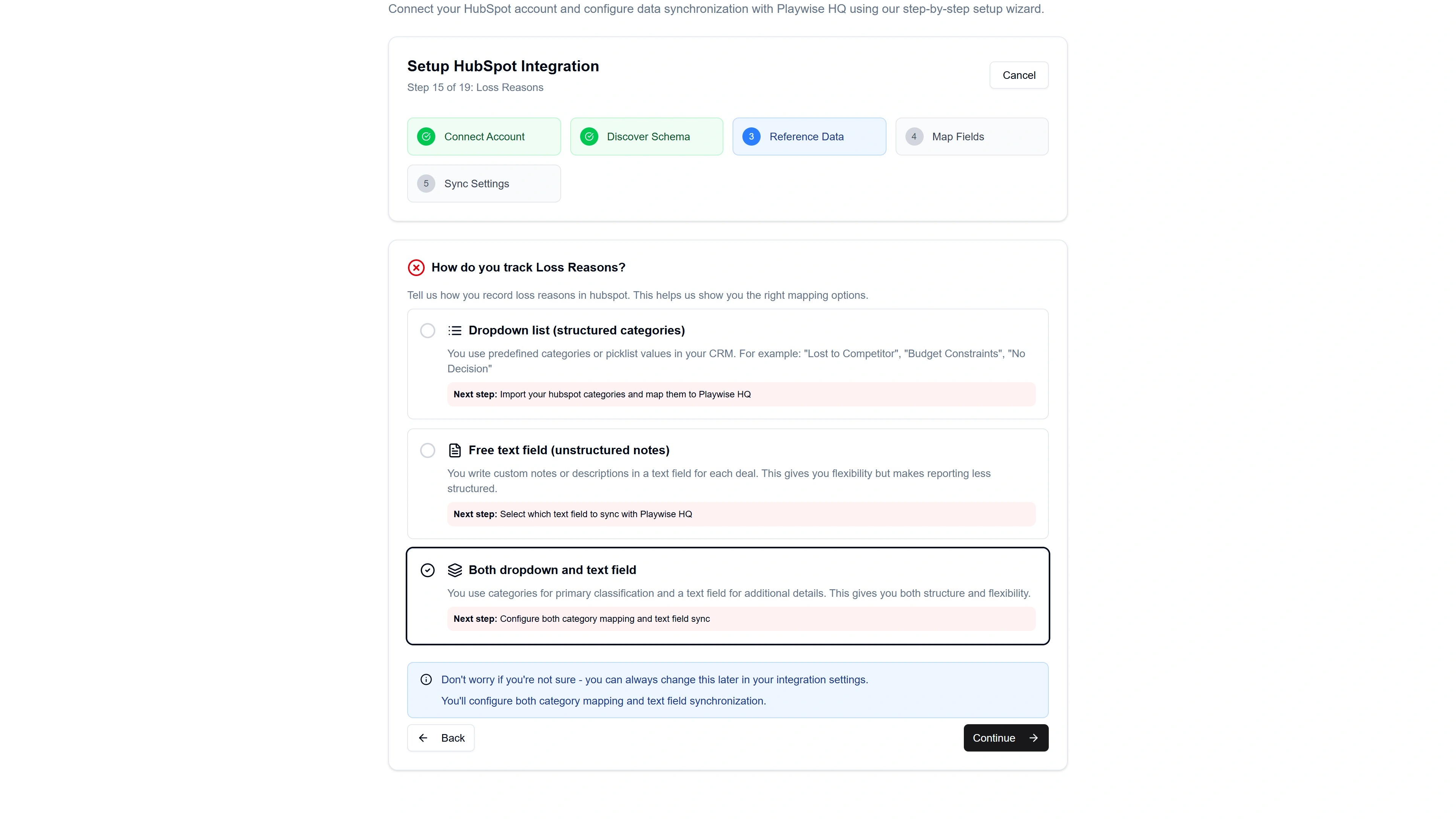 Screenshot of Playwise HQ integration with Hubspot to select tracking of closed lost reasons