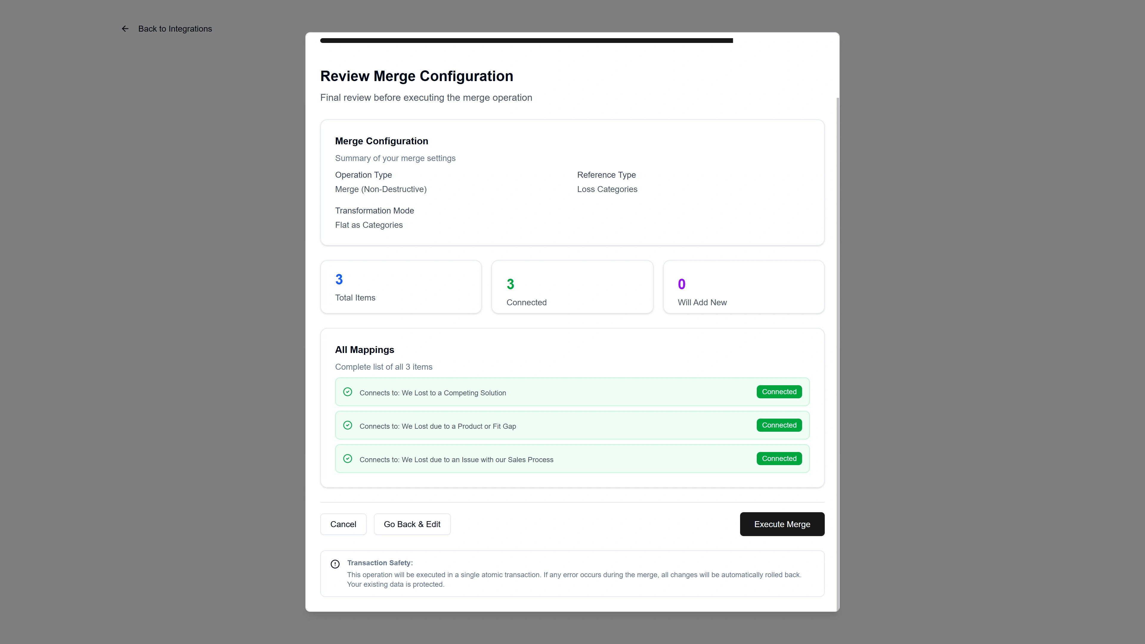Playwise HQ screenshot showing hubspot integration to execute merge of loss categories