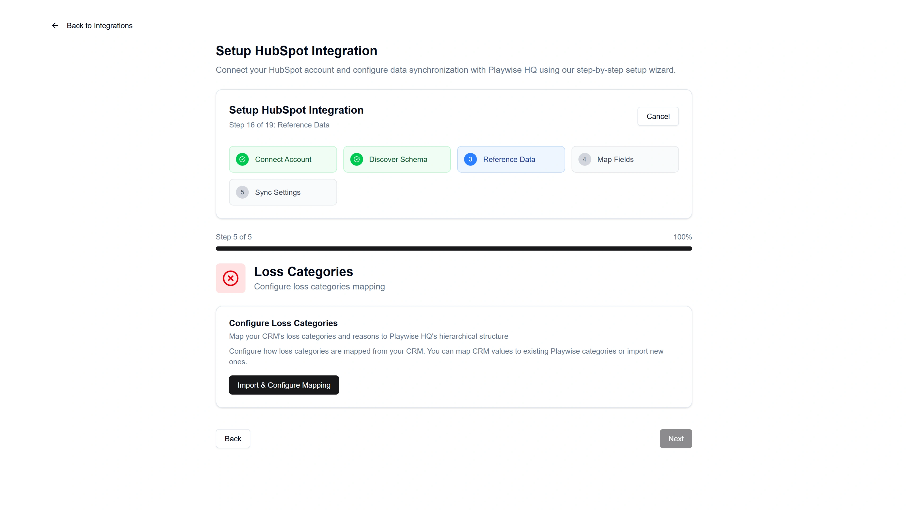 Screenshot showing map and configuration step of loss categories between Playwise HQ and Hubspot