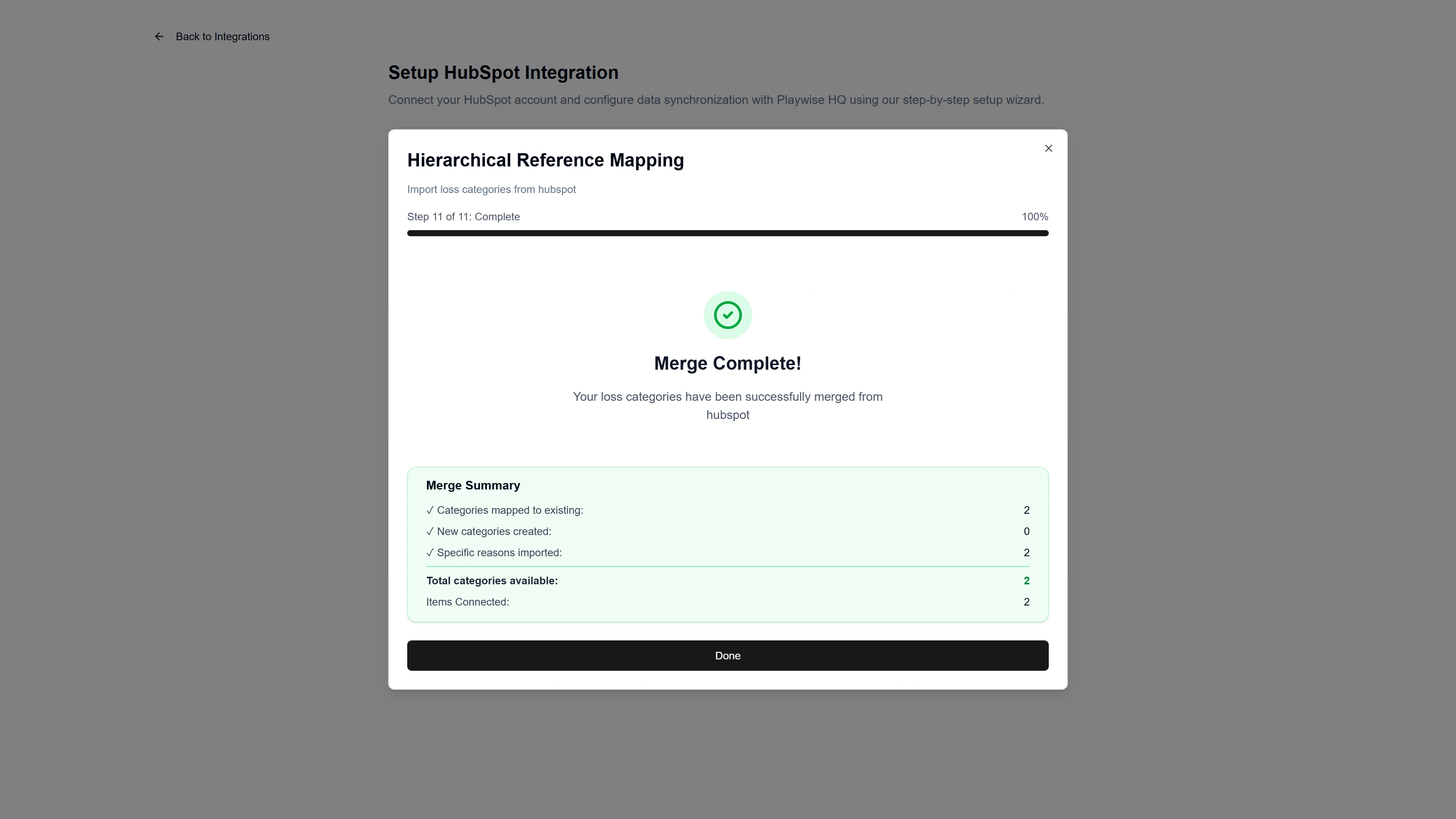 Playwise HQ screenshot to click done finalize loss category mapping and return to next step of the wizard