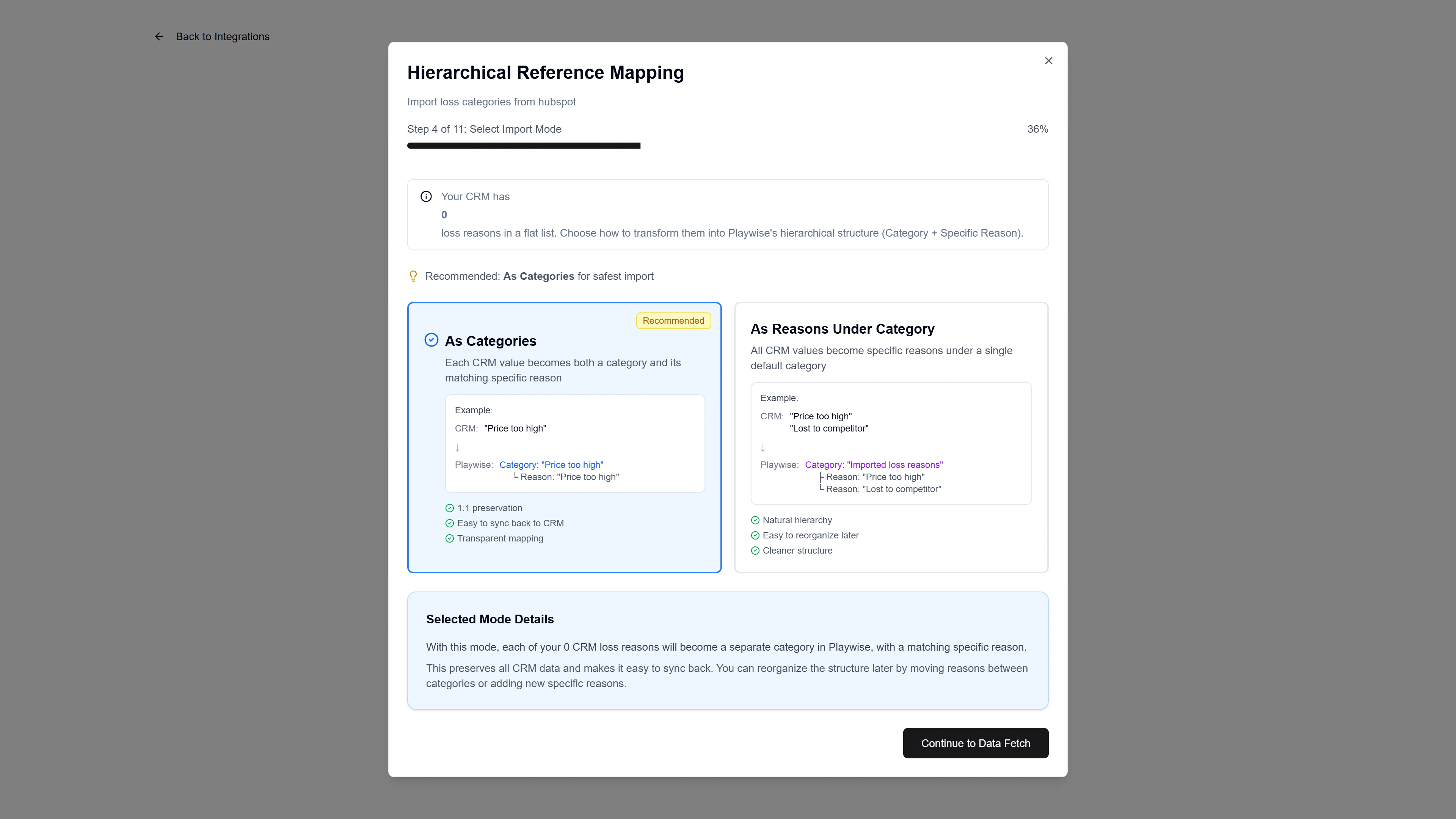 Playwise HQ screenshot showing configuration options of primary win category for Hubspot integration