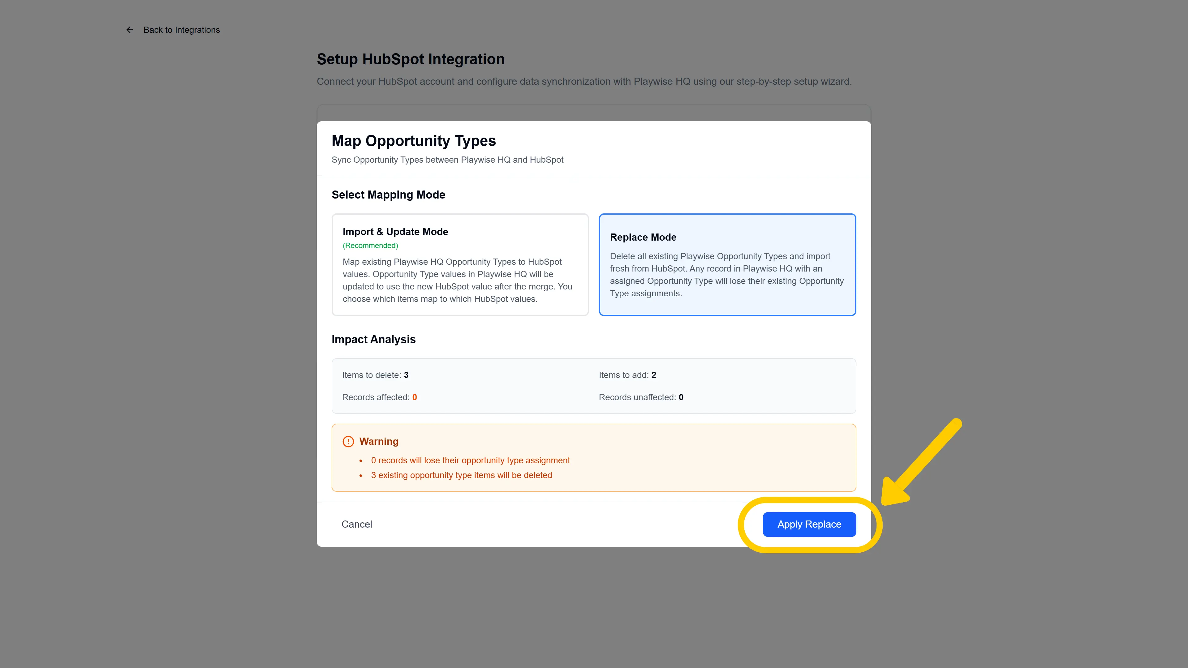 Screenshot showing configuration of custom opportunity types between Hubspot and Playwise HQ with replace Mode