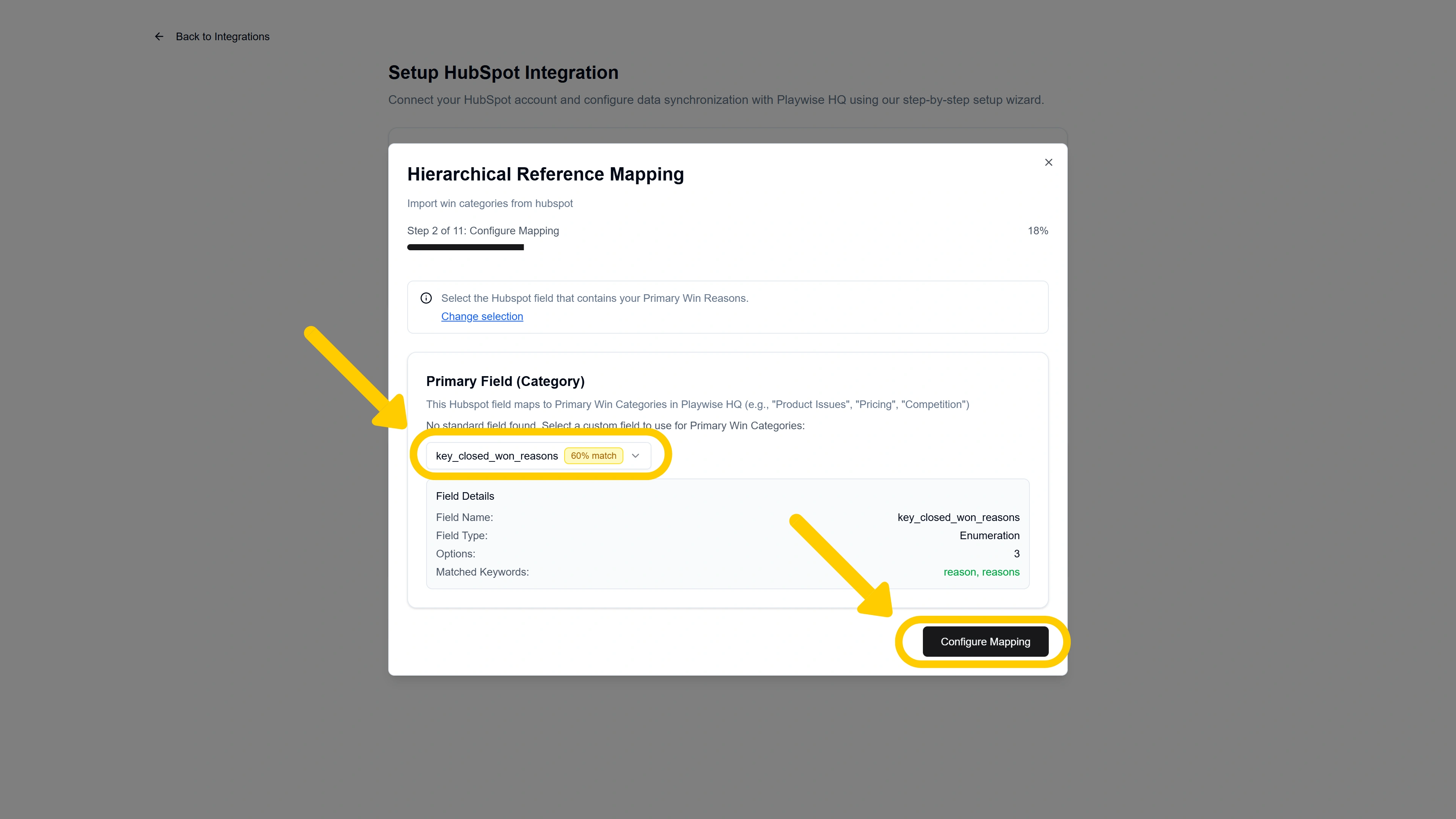 Screenshot showing primary category from Hubspot you wish to map win categories in Playwise HQ to