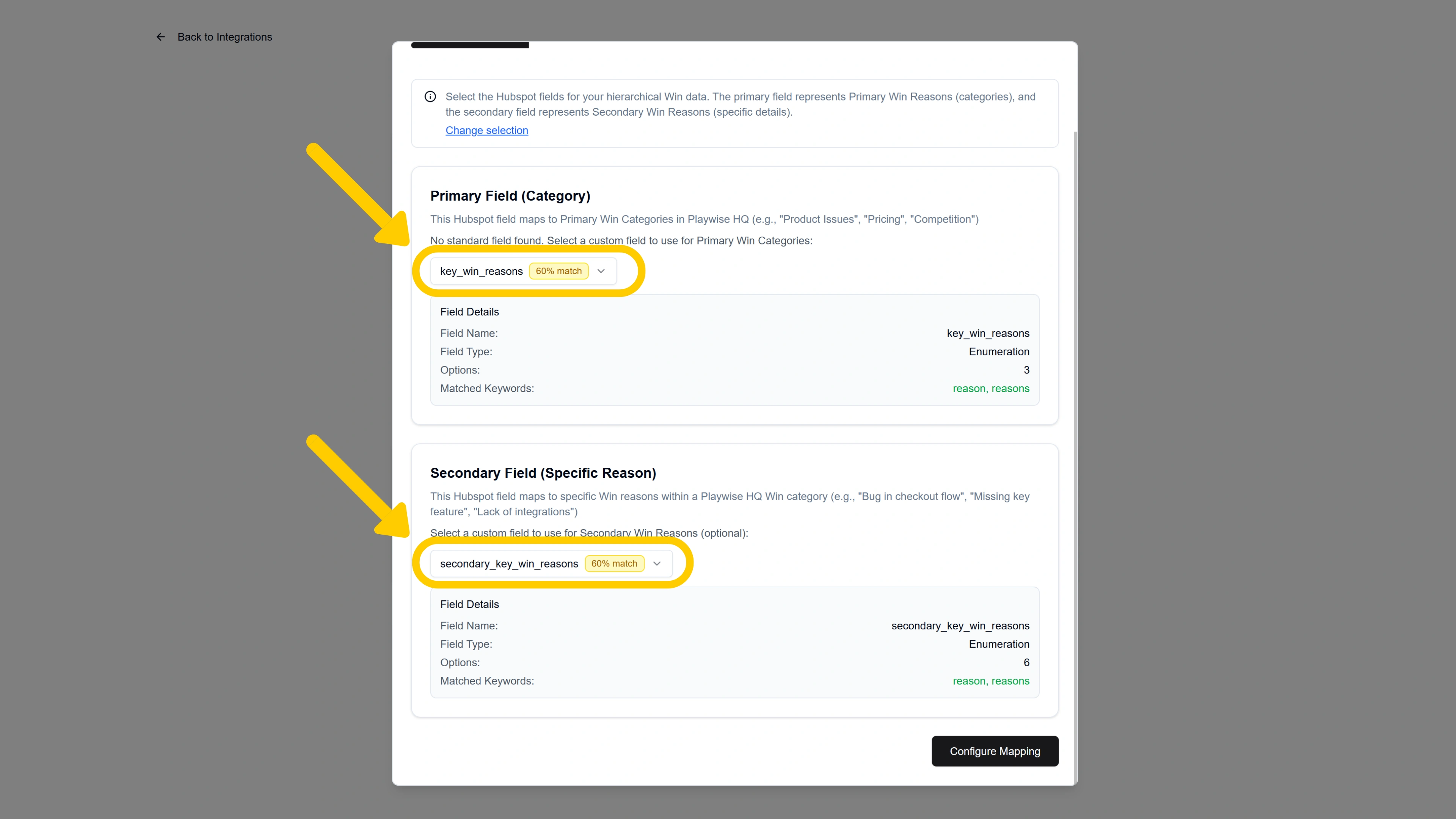 Screenshot showing mapping of fields from Hubspot if you selected primary and secondary categories to map to win categories in Playwise HQ