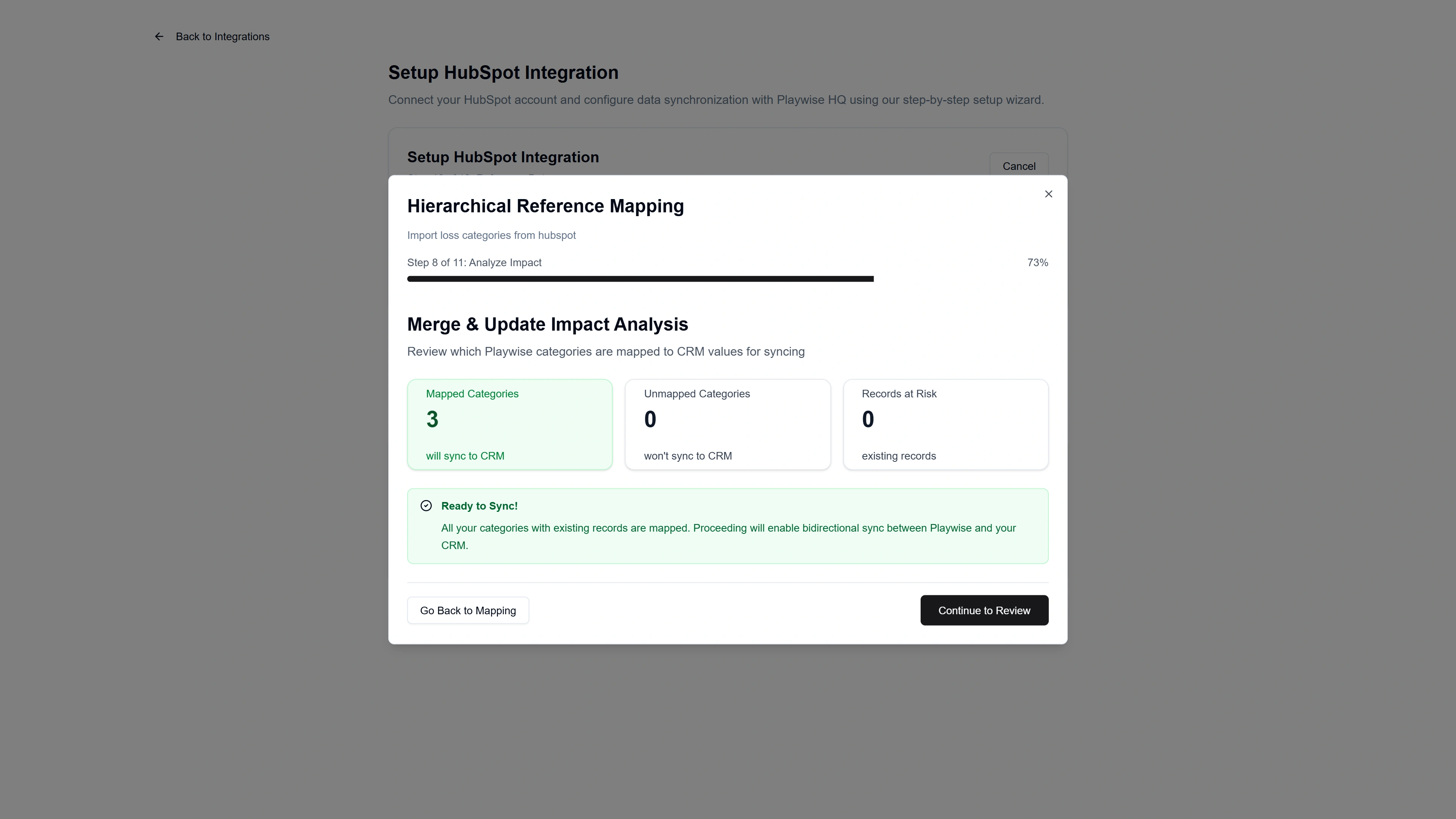 Screenshot of the Playwise HQ integration with Hubspot showing the merge impact for loss categories