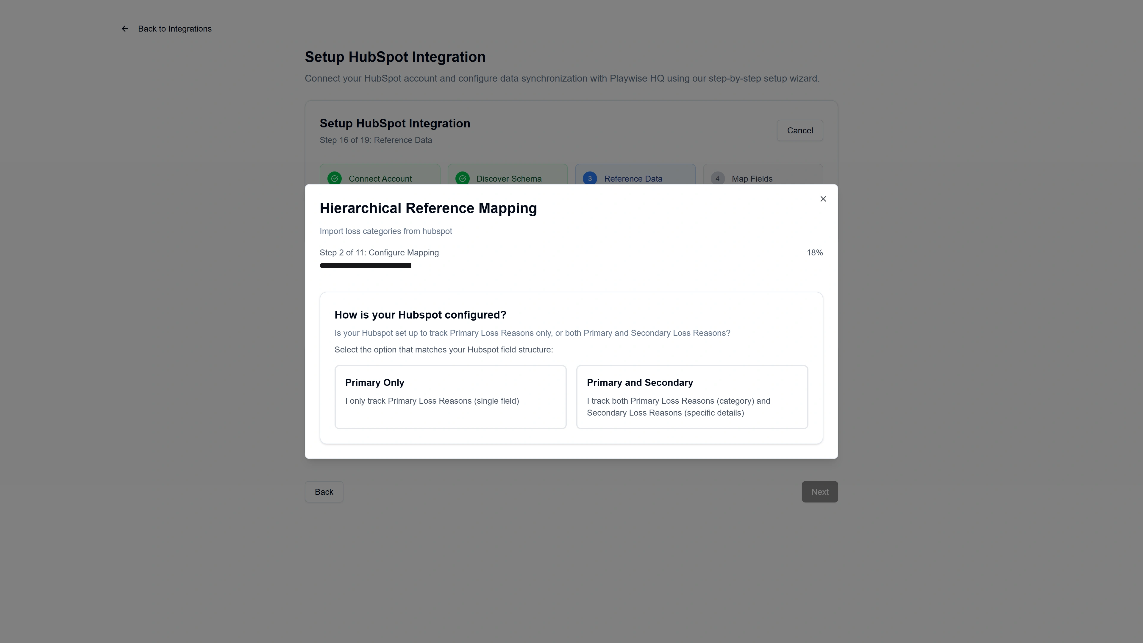 Playwise HQ screenshot showing mapping of primary and secondary loss categories to Hubspot