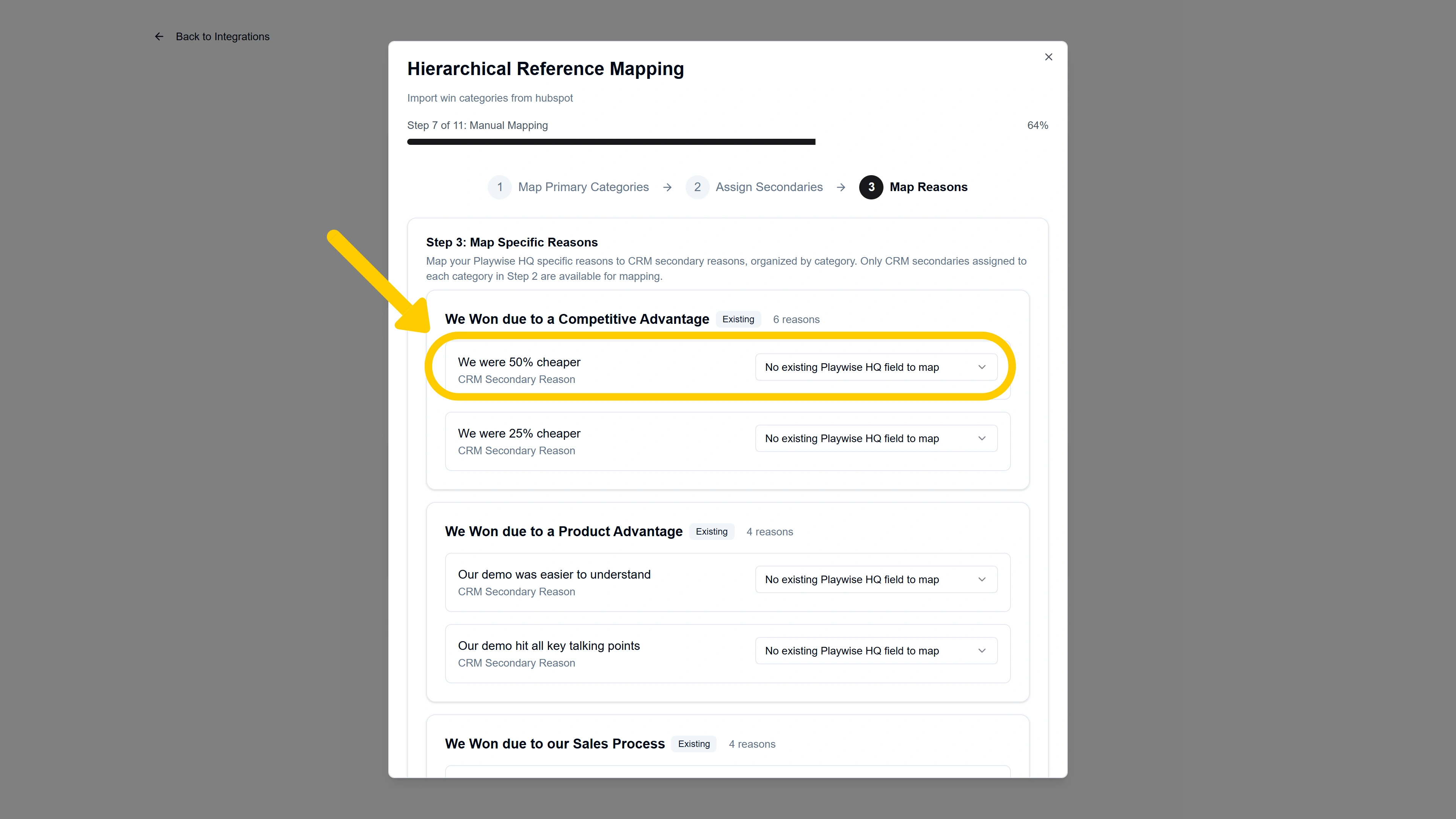 Screenshot showing merging of Playwise HQ secondary reasons with those coming from Hubspot