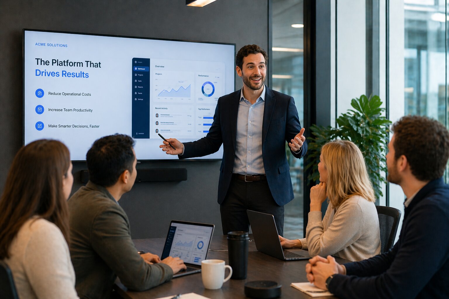 Image of a sales rep pitching a software solution to people in a boardroom