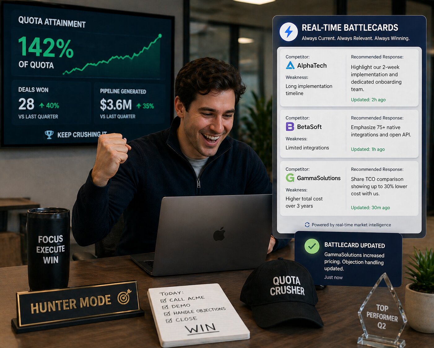 sales rep crushing quota with access to real time battlecards