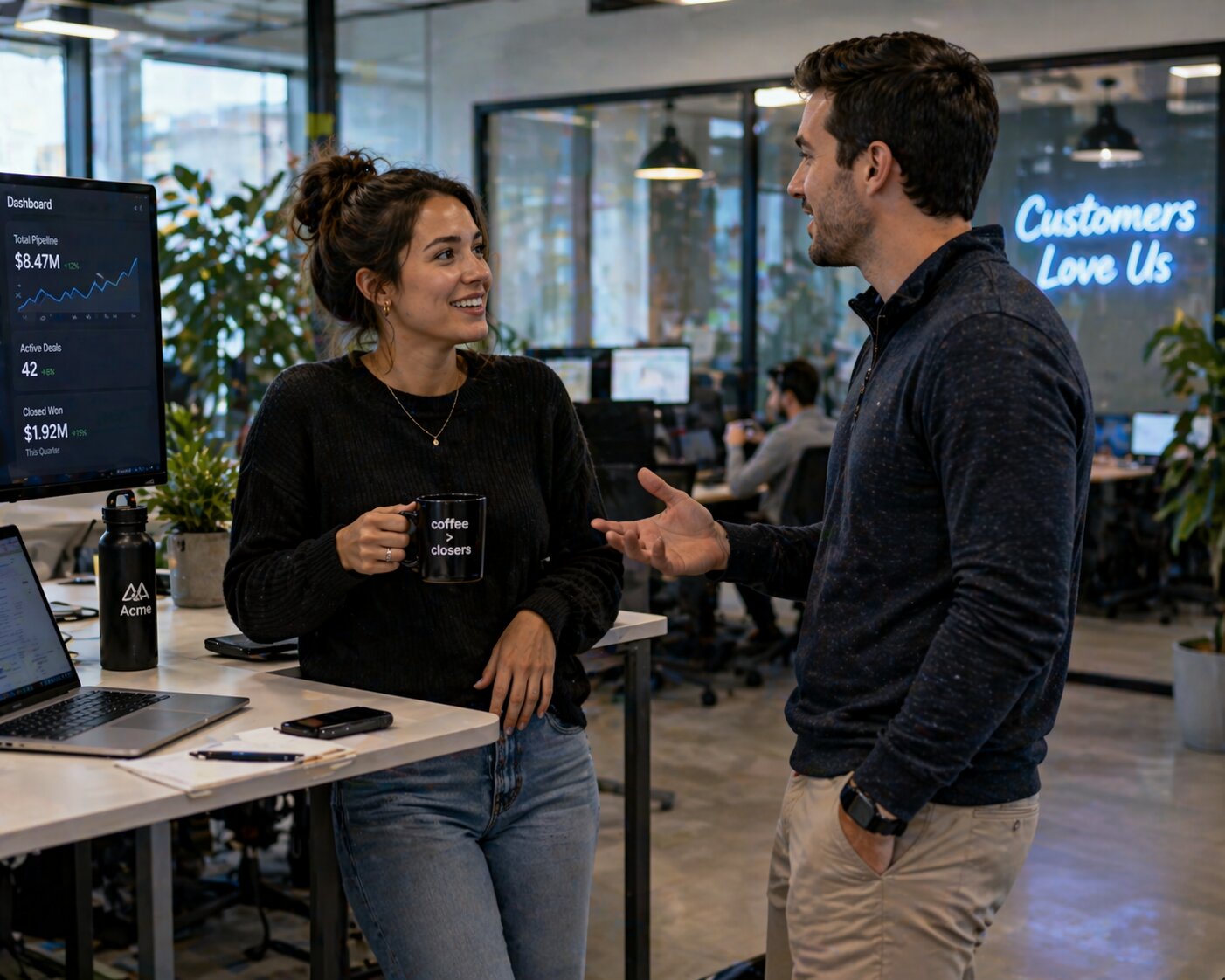 two sales people talking about a recent competitive deal