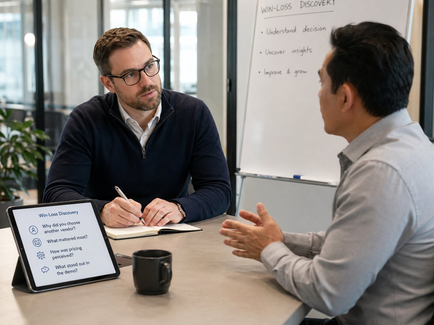 Image of customer intelligence manager conducting a win loss interview for a b2b sale.