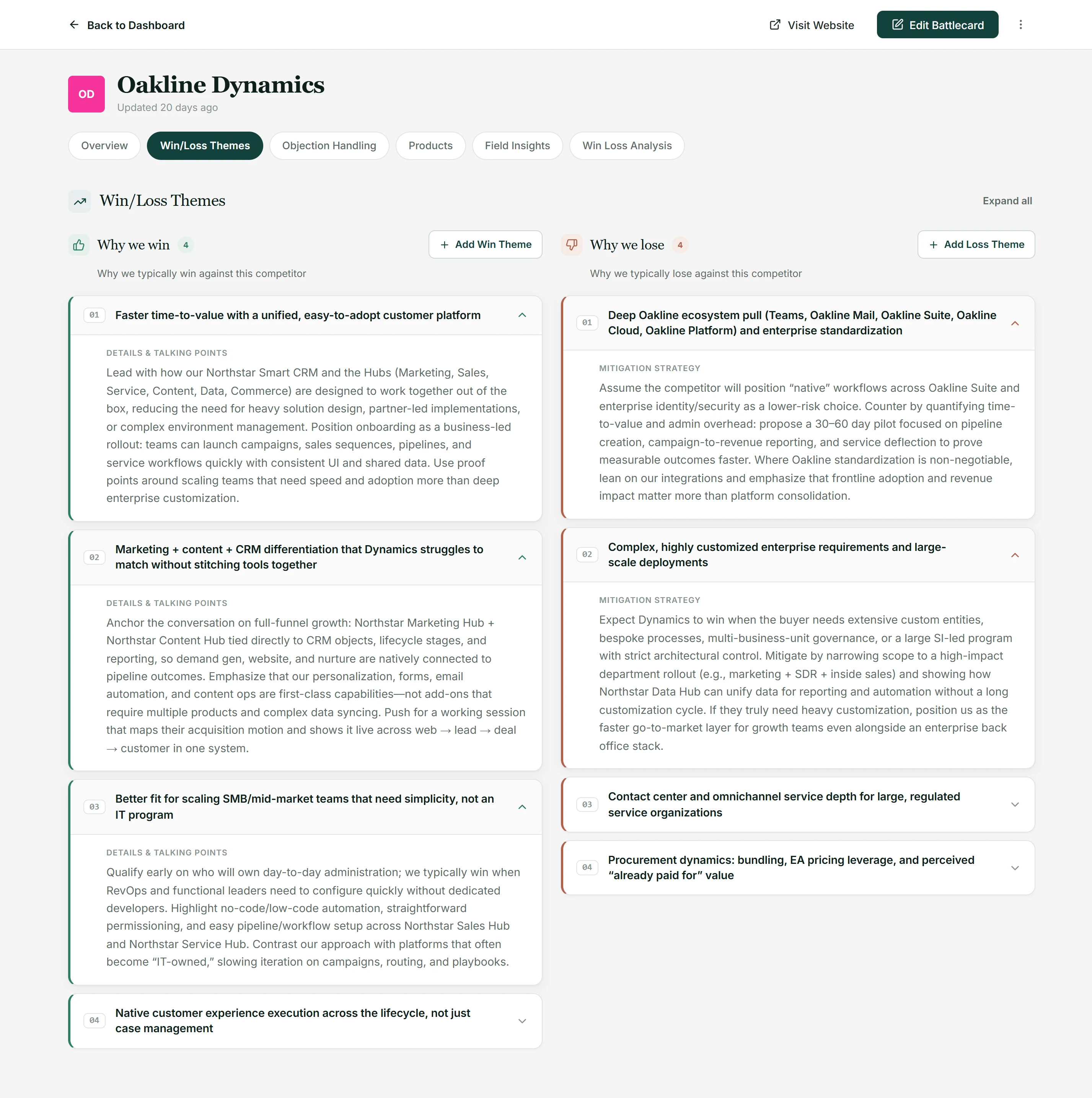 Playwise HQ Competitor Battlecard Win Loss Themes View