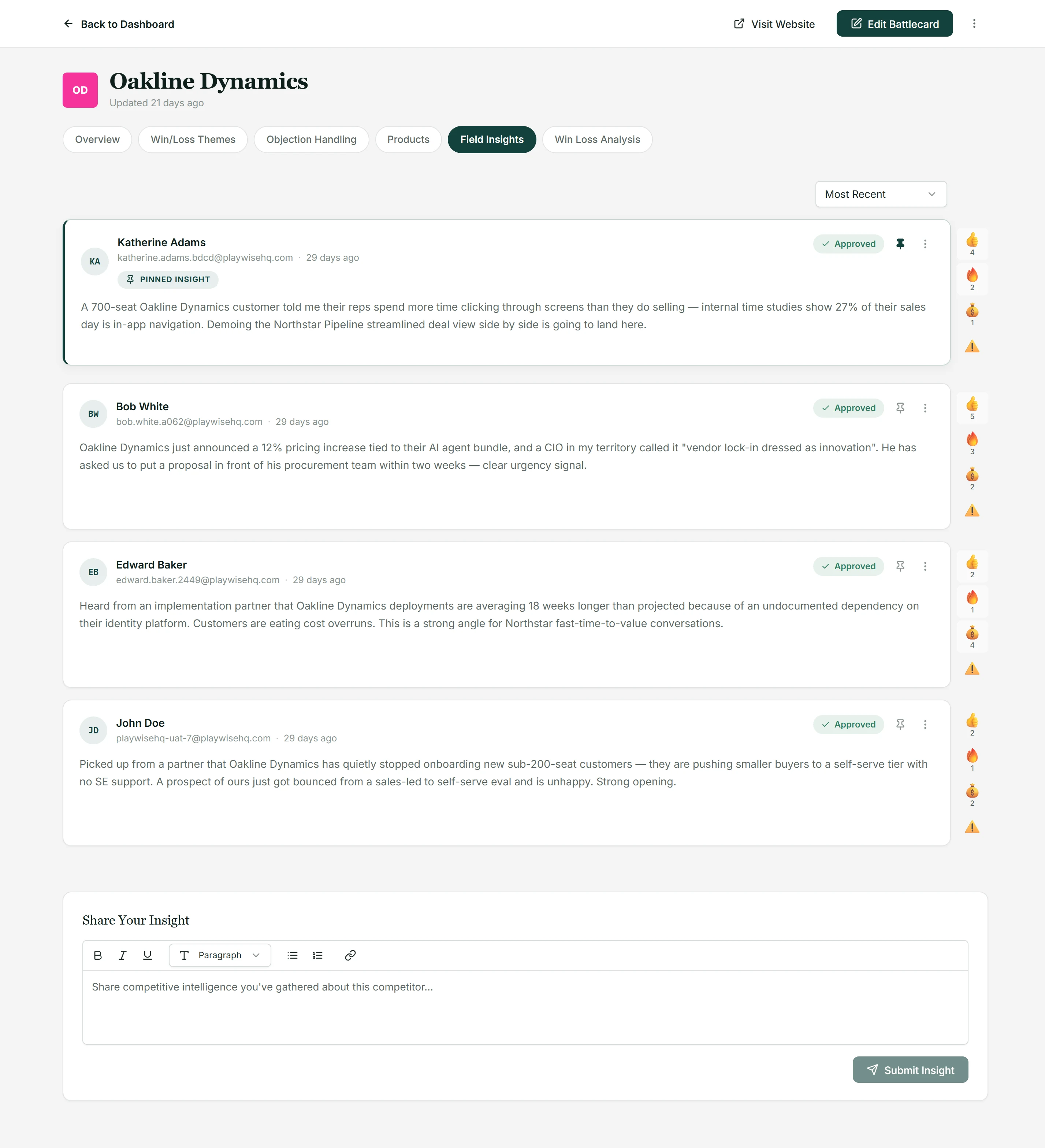 Playwise HQ sales-sourced competitive insights submitted by reps and linked to competitor battlecards.