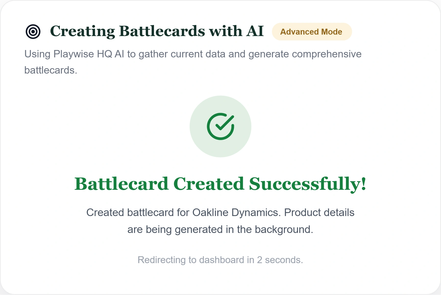 Playwise HQ - Successfully Created Battlecard with AI